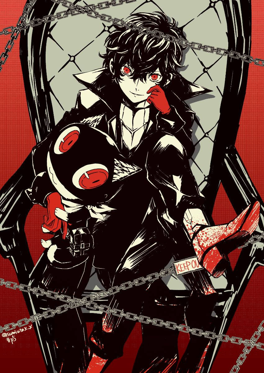 Anime Boy With Black Hair 桌布 壁紙 — 一個風格化的動漫角色，紅眼睛，穿著黑色外套，抱著一個戴面具的娃娃，鎖鏈在紅色背景上交錯。
