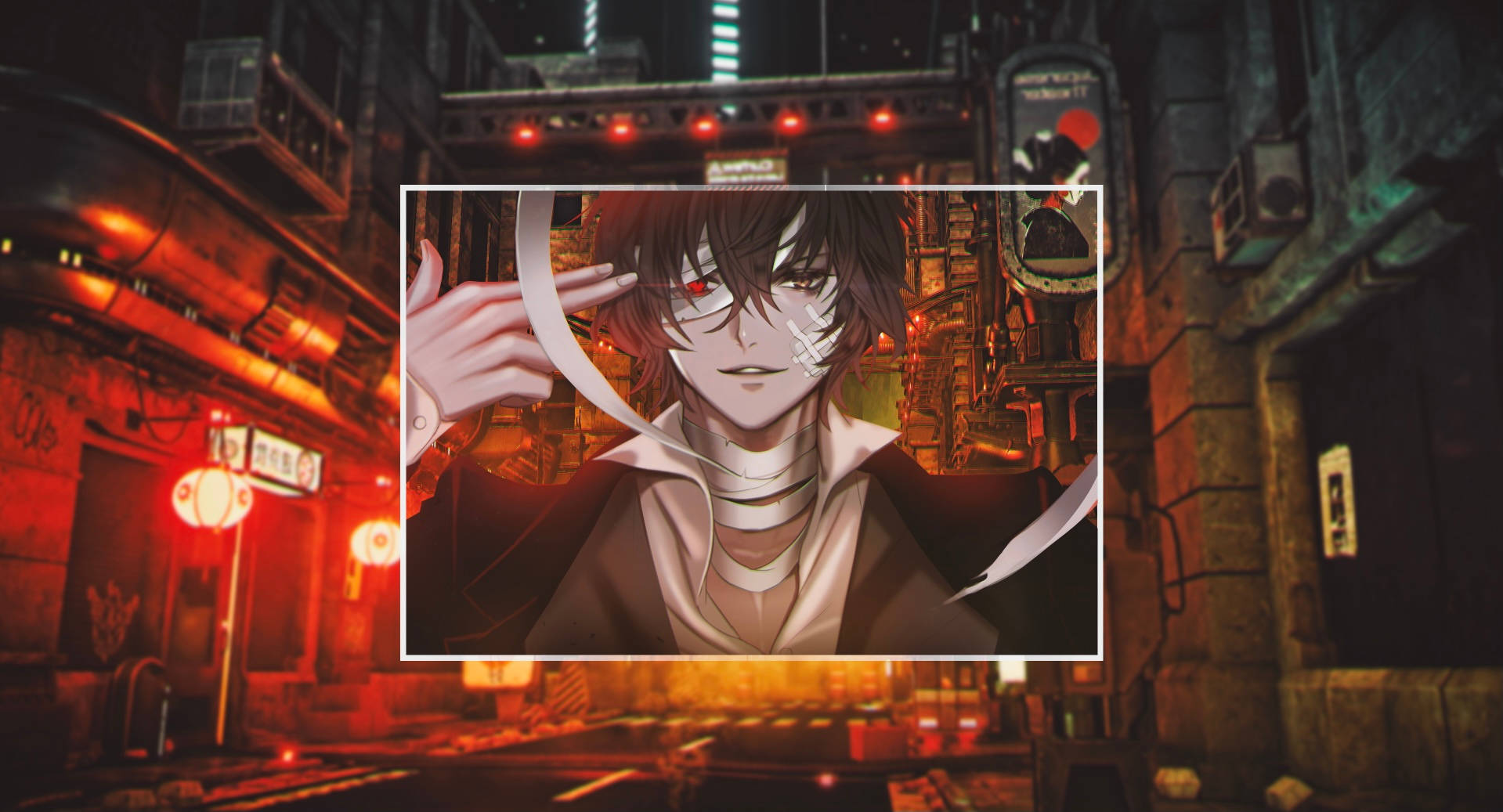 Dazai 桌布 壁紙 — 一個風格化的動漫角色，紅眼睛，臉上纏著白色繃帶，夜晚站在霓虹燈照亮的城市小巷中。