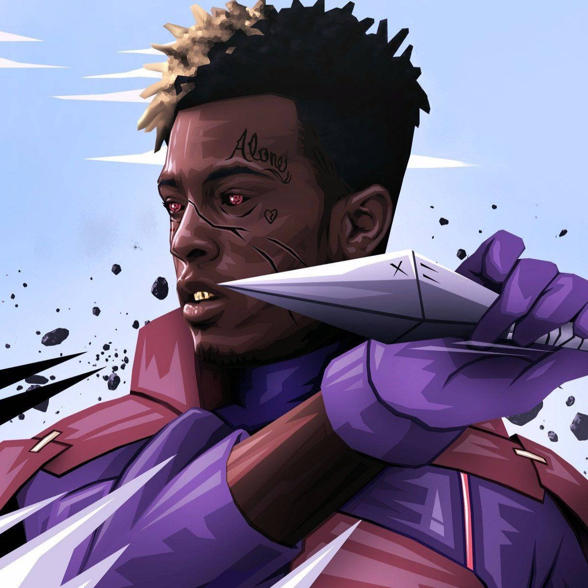 xxxtentacion 動畫 桌布 壁紙 — 一個風格化的動漫角色，紅眼睛，身上有「Alone」刺青，在淺藍色天空和漂浮碎片中緊握鋒利刀刃。