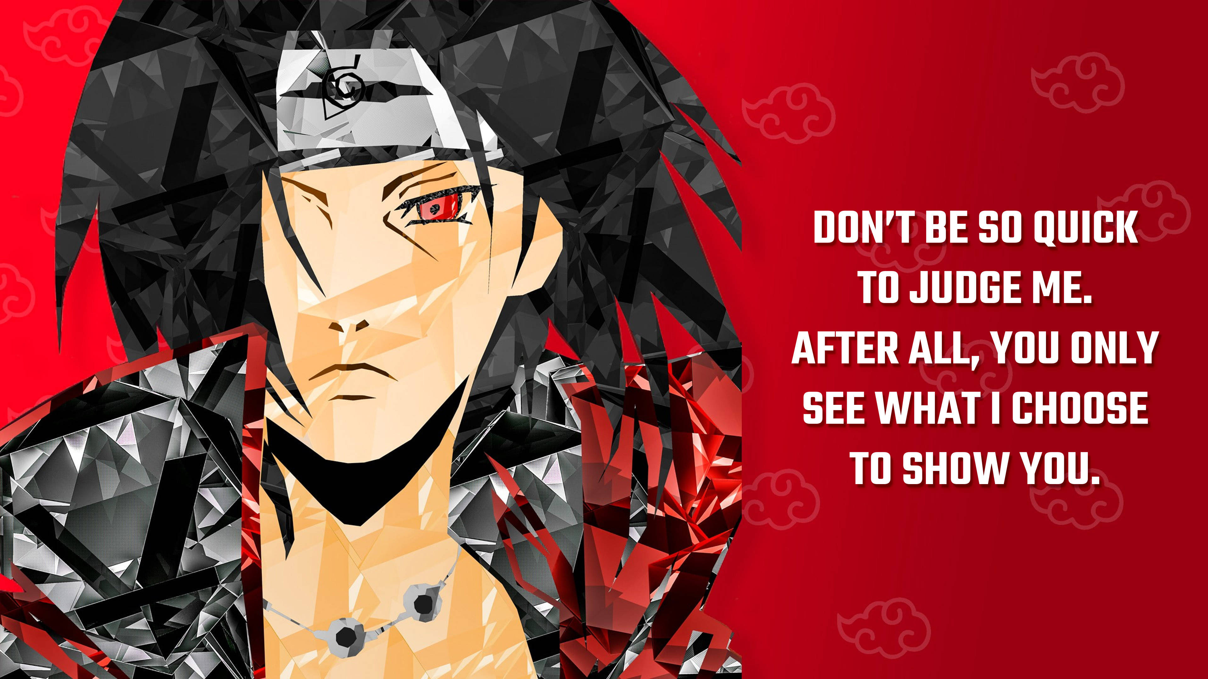 naruto quotes 桌布 壁紙 — 一個風格化的動漫角色，紅眼睛、黑頭髮，以幾何低多邊形風格呈現，背景為紅色，帶有雲朵圖案和粗體文字。