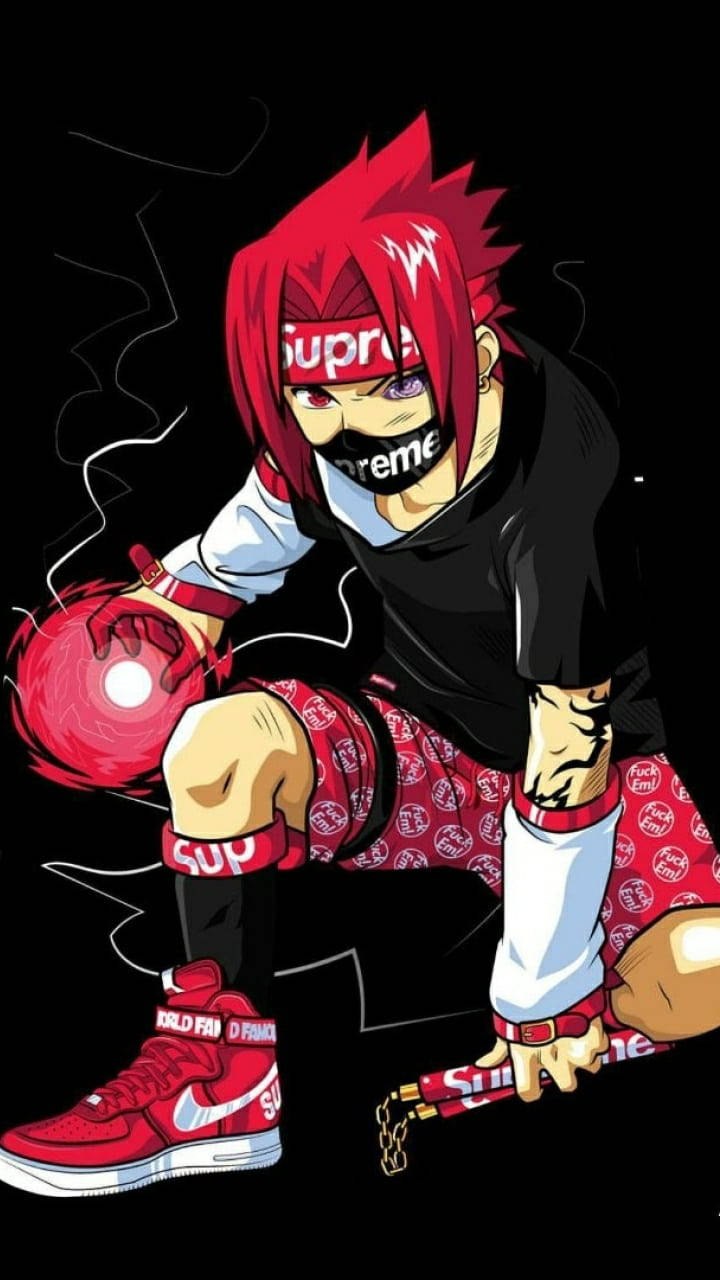 火影忍者 Supreme 桌布 壁紙 — 一個風格化的動漫角色，紅色刺蝟頭和黑色面具，在黑暗背景中手持發光的紅色球體。