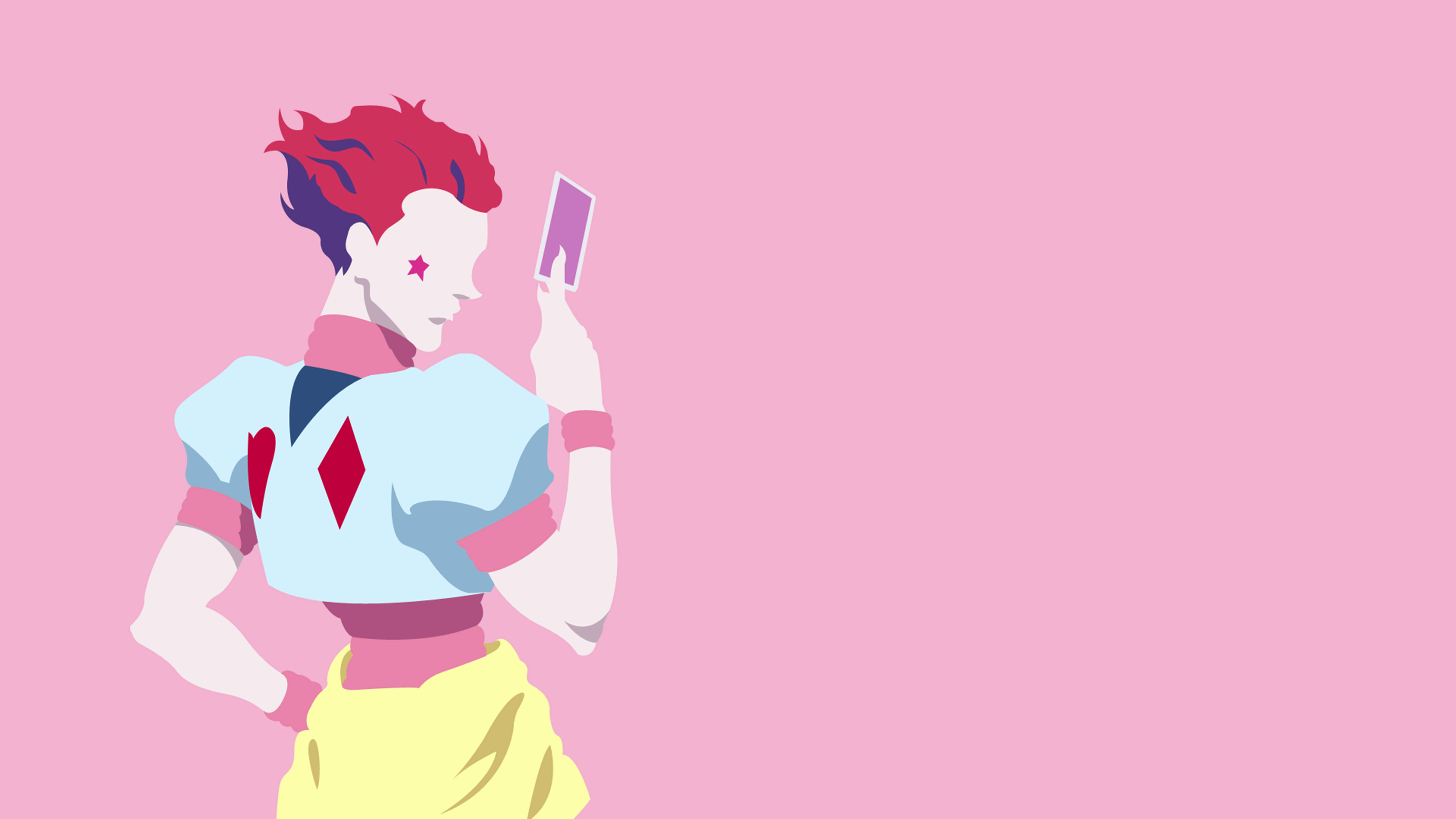 Hisoka 桌布 壁紙 — 一個風格化的動漫角色，紅藍雙色頭髮，在純粉紅色背景前拿著一張卡片。