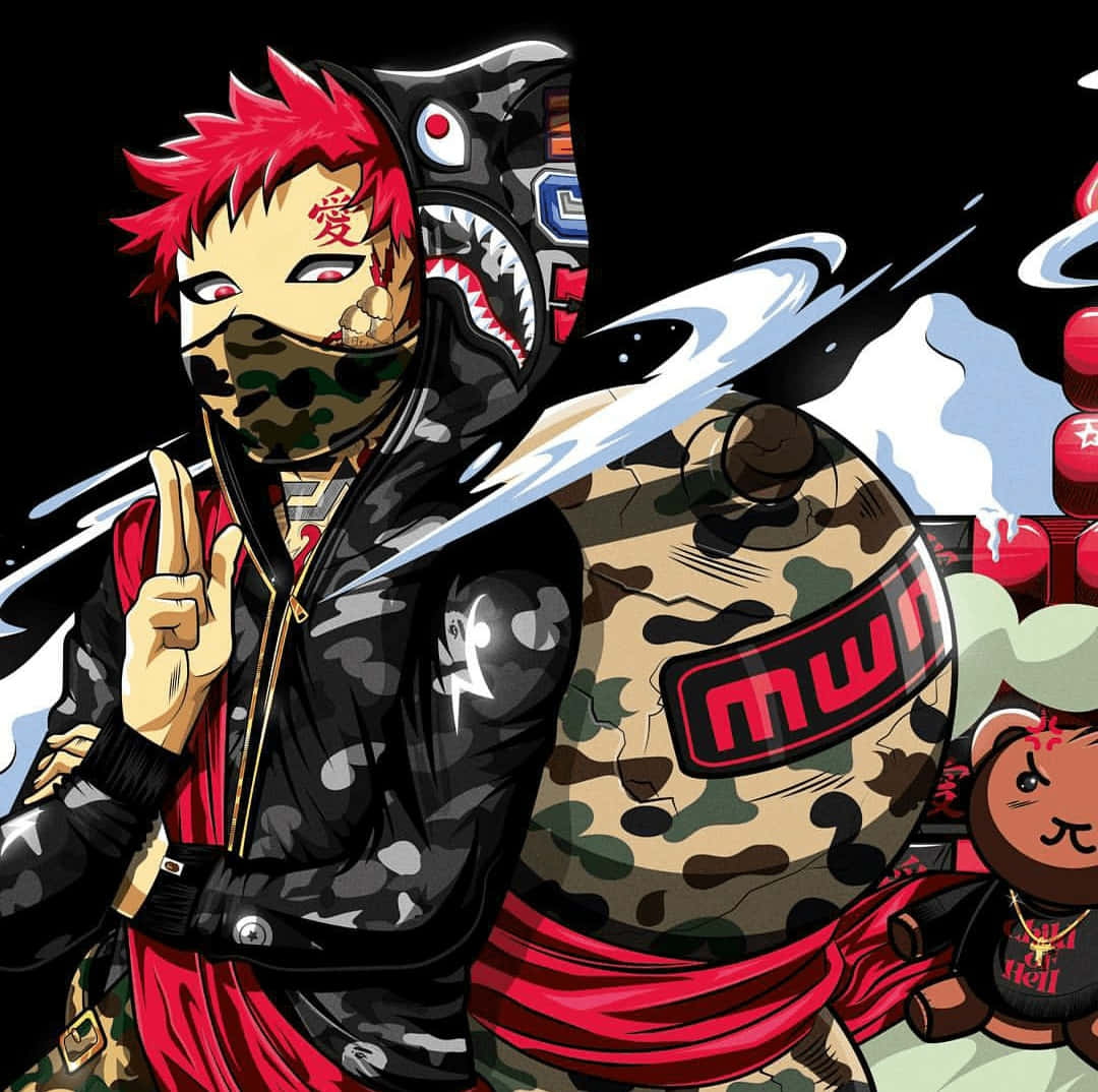 Gaara 桌布 壁紙 — 一個風格化的動漫角色，紅頭髮，穿著鯊魚連帽衫，在深色背景前比出和平手勢。