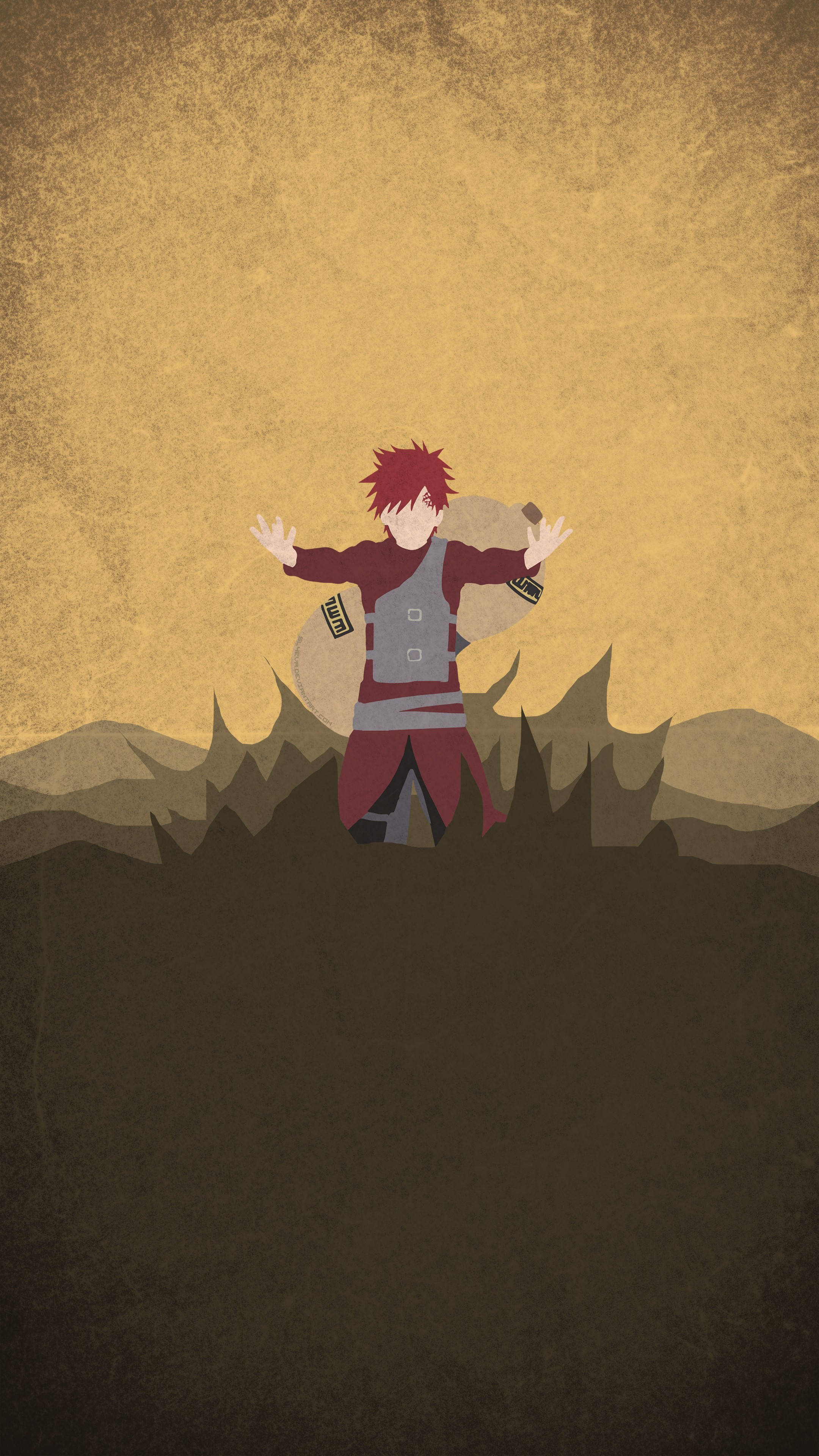 Gaara 桌布 壁紙 — 一個風格化的動漫角色，紅髮，站在黑暗的山丘上，背景是紋理豐富的金色天空。