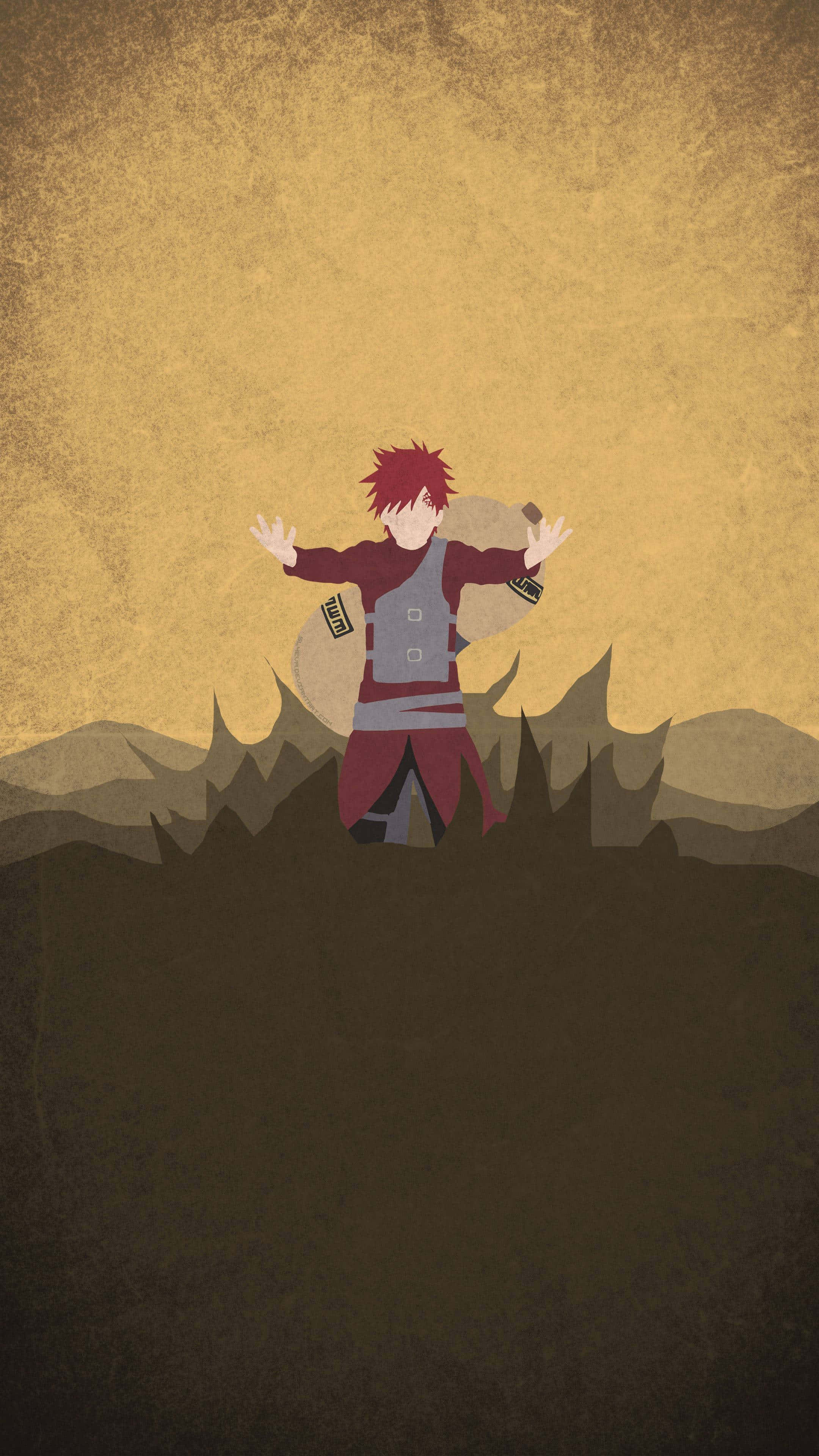 Gaara Naruto Anime 桌布 壁紙 — 一個風格化的動漫角色，紅髮，站在黑暗的山丘上，背景是帶有紋理的金色天空。