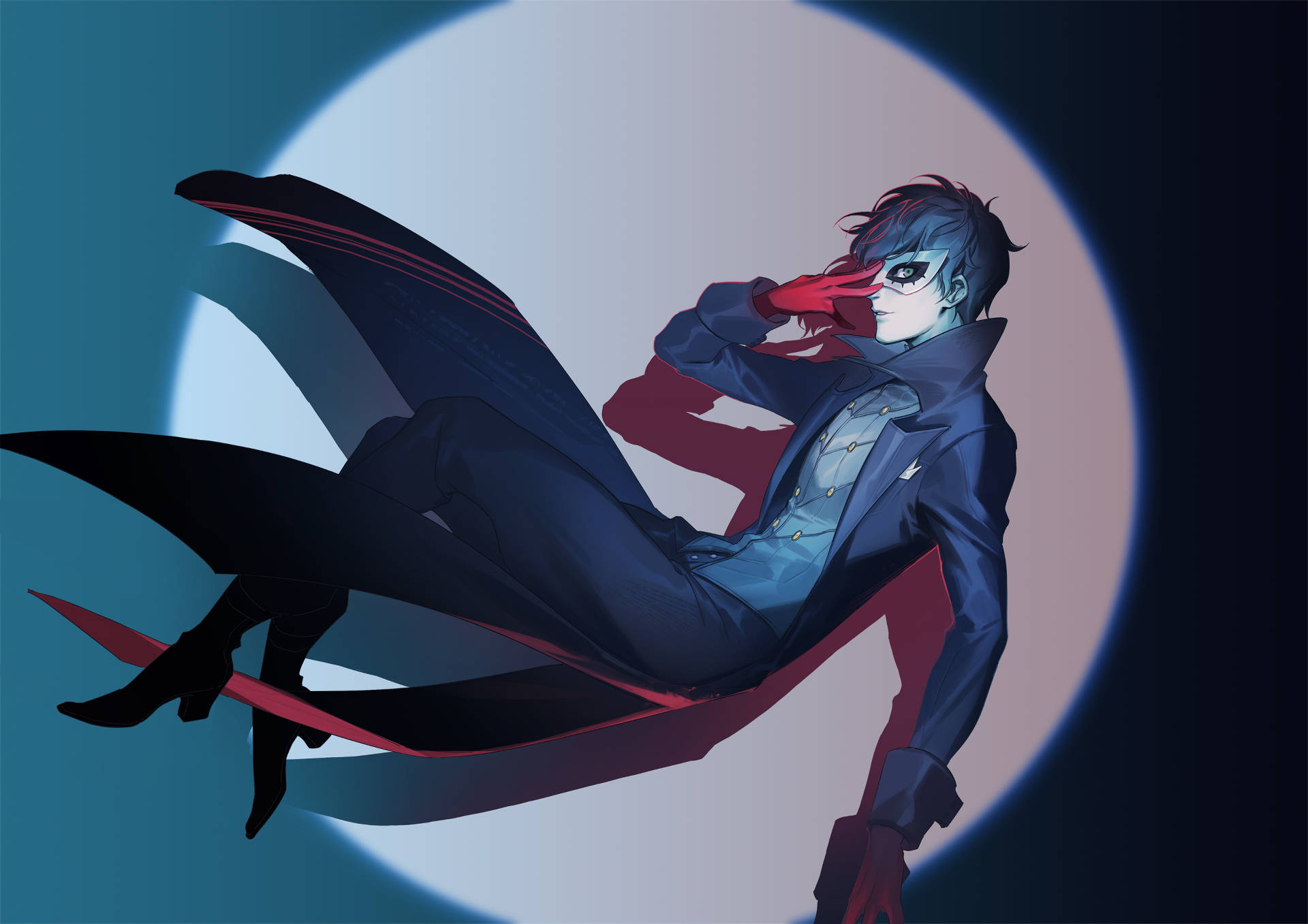 ren amamiya 桌布 壁紙 — 一個風格化的動漫角色，紅髮，身穿深色外套，在發光的月亮背景下漂浮。