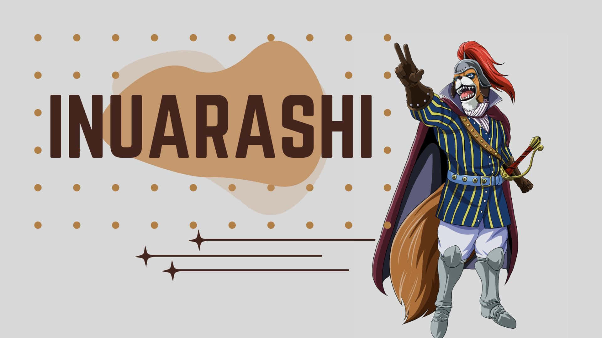 Inuarashi 桌布 壁紙 — 一個風格化的動漫角色，紅髮和條紋盔甲，自信地在點狀背景上與粗體文字 'INUARASHI' 旁邊擺姿勢。