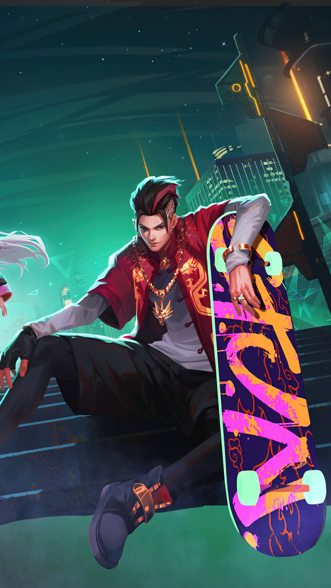 紅髮動漫角色在夜晚的霓虹城市中拿著一個色彩繽紛的滑板。 — Mobile Legends 動態圖 壁紙