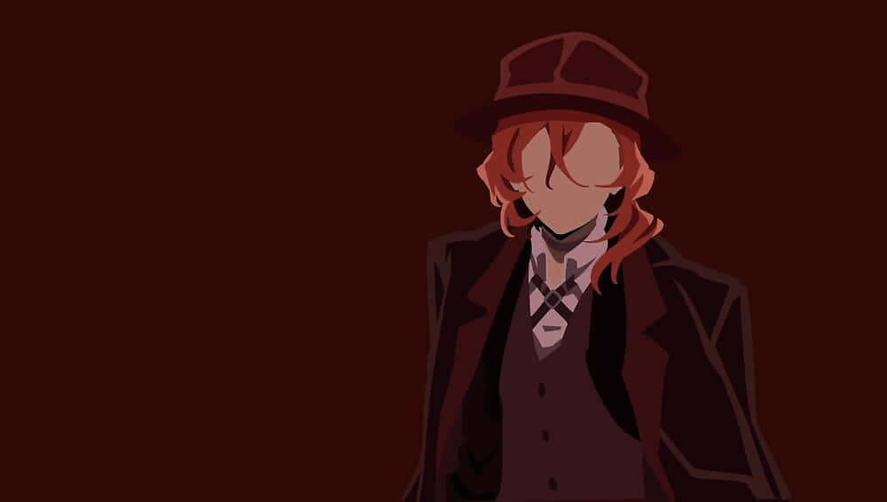 Chuya Nakahara 桌布 壁紙 — 一個風格化的動漫角色，紅髮戴帽，站在深紅色背景前，擺出憂鬱簡約的姿勢。
