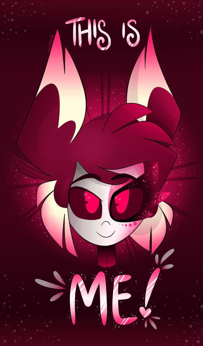 Hazbin Hotel 桌布 壁紙 — 一個風格化的動漫角色，紅髮發光的眼睛，在深粉紅色背景上微笑，帶有閃光和文字。