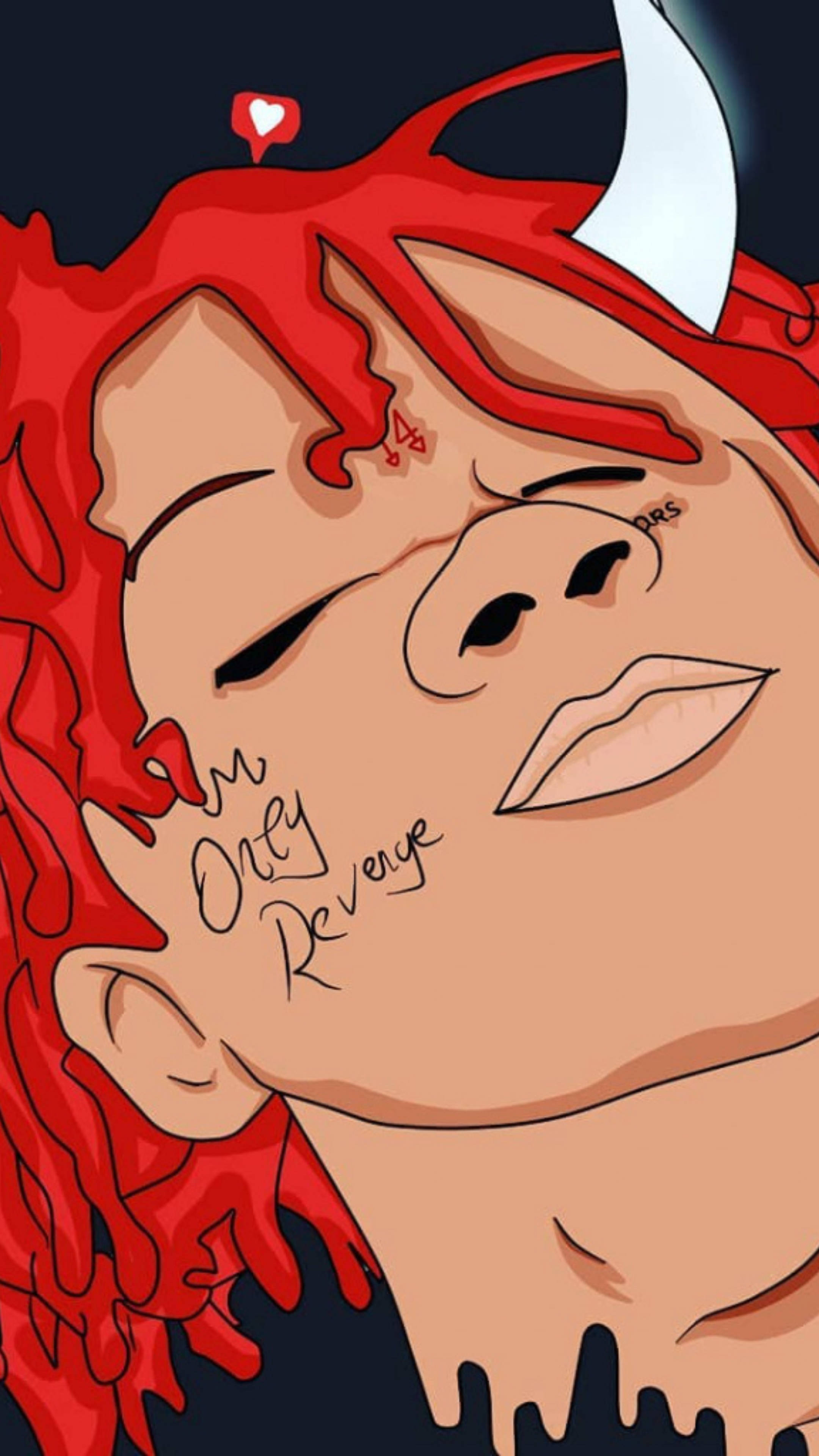 redd 桌布 壁紙 — 一個風格化的動漫角色，紅髮白角，臉上紋有「I'm Only Revenge」的紋身，露出冷笑。