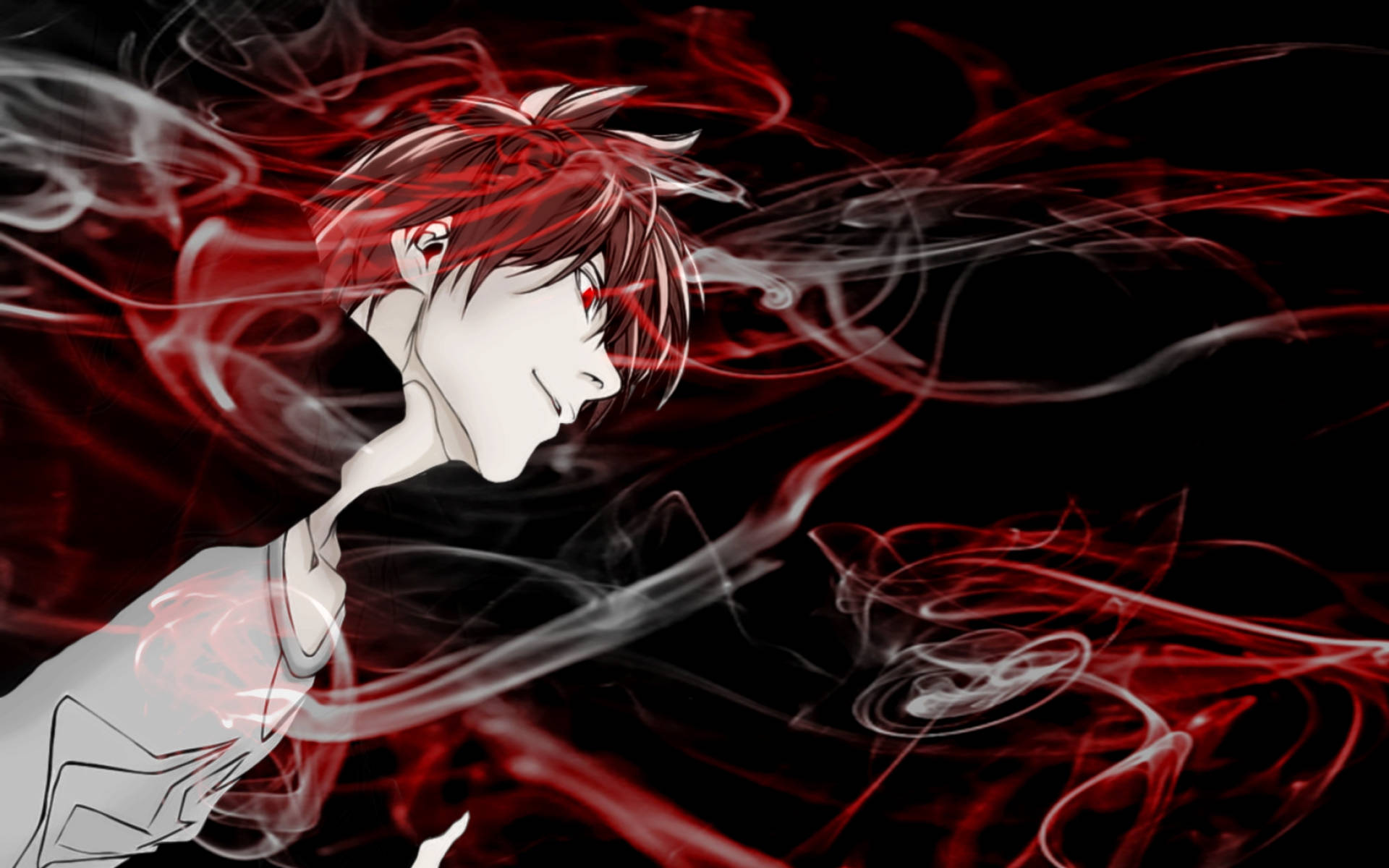 Light Yagami 桌布 壁紙 — 一個風格化的動漫角色，紅髮紅眼，被旋轉的紅白煙霧包圍，背景為黑色。