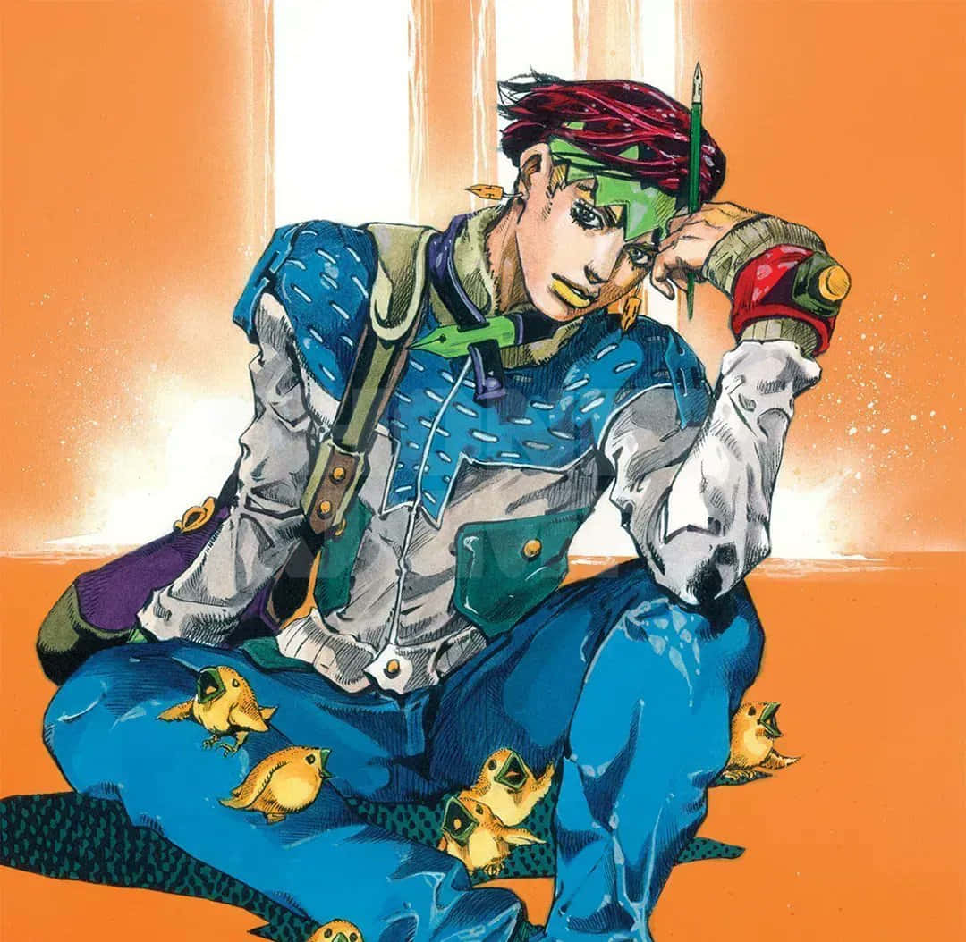 Rohan Kishibe 桌布 壁紙 — 一個風格化的動漫角色，紅髮綠面彩繪，盤腿而坐，手持鉛筆，被小黃鳥圍繞，背景是溫暖的橙色。