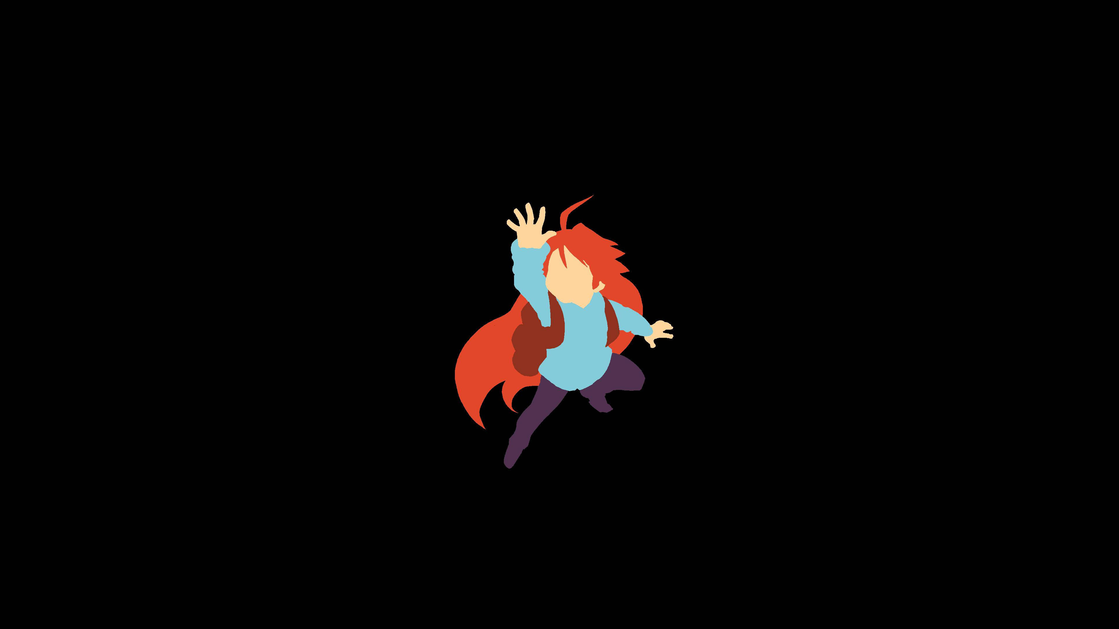 Celeste 桌布 壁紙 — 一個風格化的動漫角色，紅髮藍衫，在純黑色背景上動態跳躍。