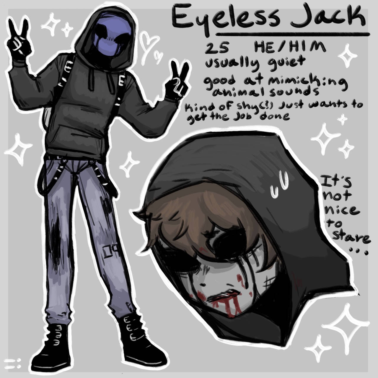 Eyeless Jack 桌布 壁紙 — 一個風格化的動漫角色，紫色臉龐，身穿連帽衫，做出和平手勢，旁邊出現另一個戴著連帽、滿臉鮮血並帶有文字的人物。