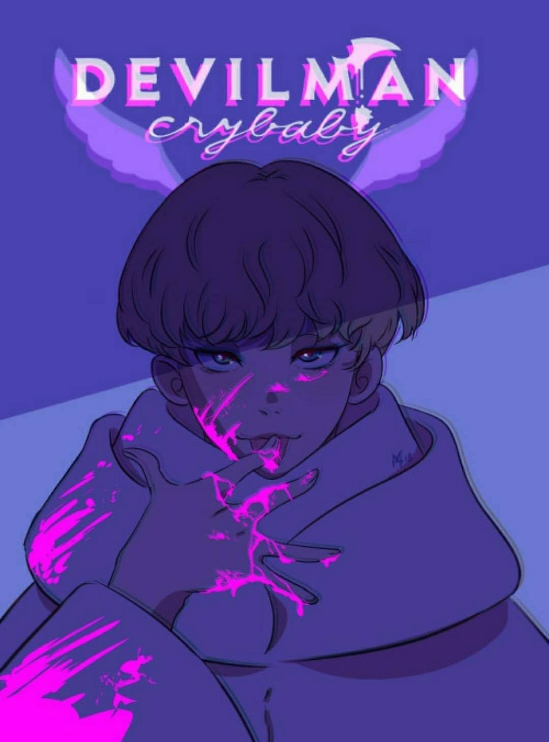 crybaby 桌布 壁紙 — 一個風格化的動漫角色，紫色頭髮，臉部和手上有發光的粉紅色裂縫，紫色背景上有「DEVILMAN crybaby」文字。