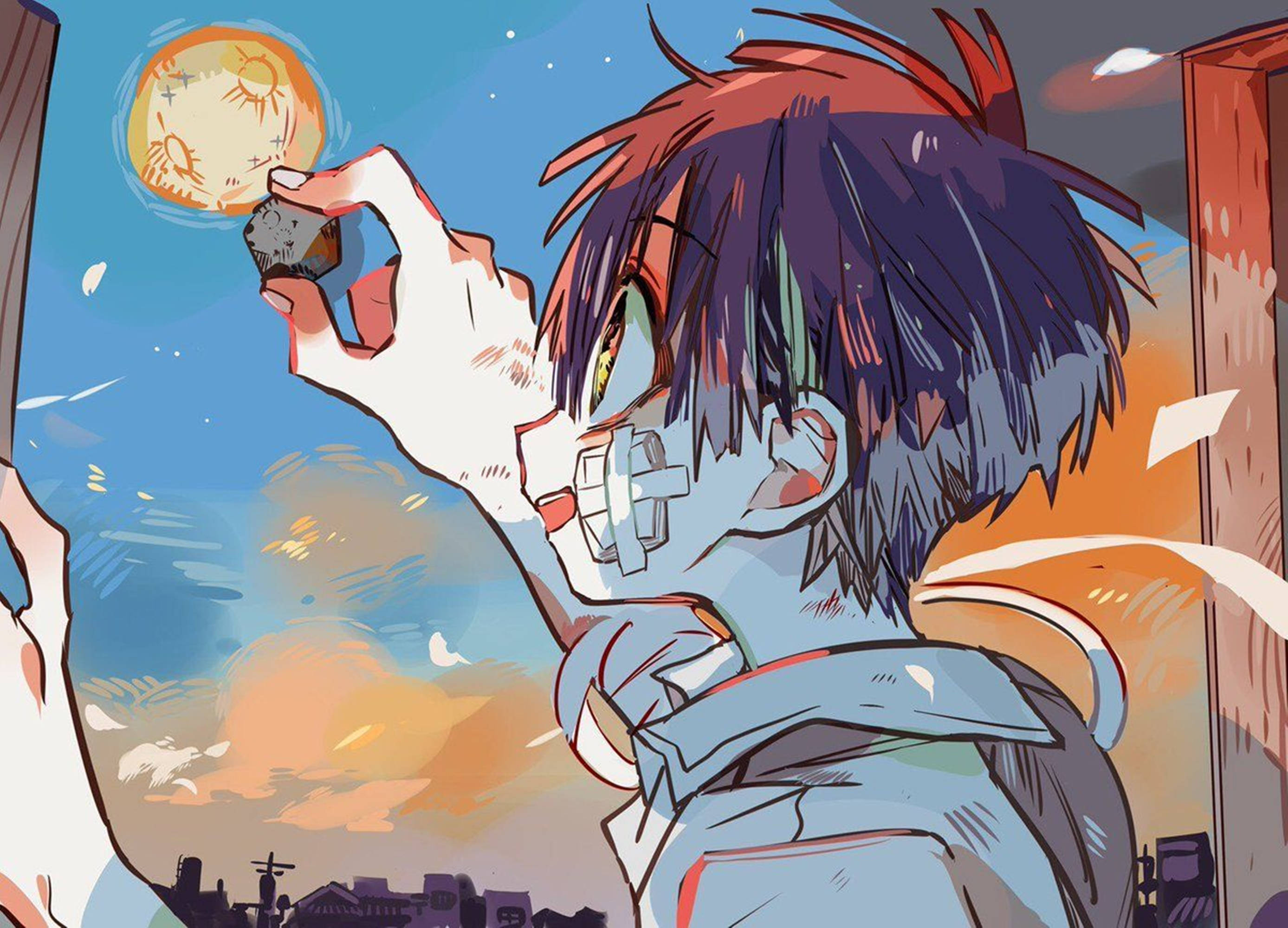 動漫男孩 桌布 壁紙 — 一個風格化的動漫角色，紫色頭髮，戴著面具，在充滿活力的日落天空下拿著一個發光的球體。