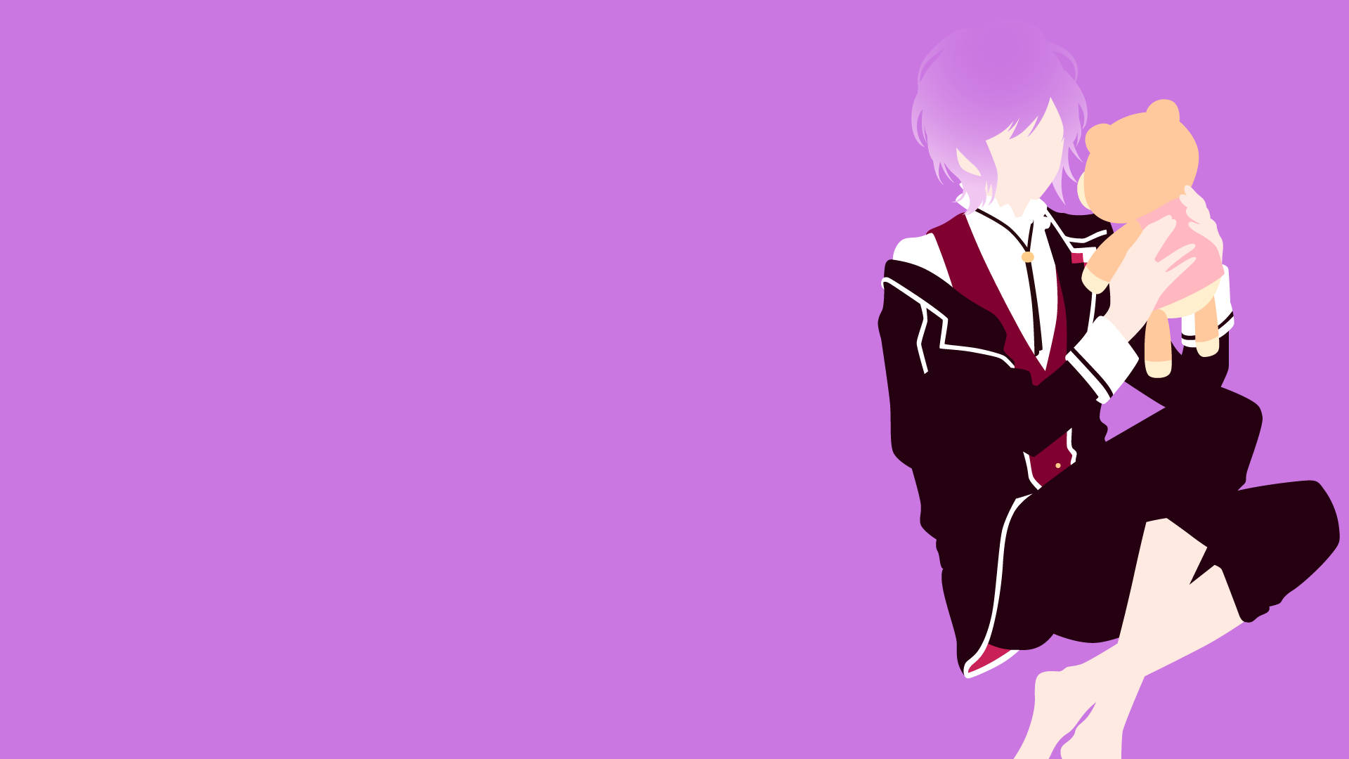 Diabolik Lovers 桌布 壁紙 — 一個風格化的動漫角色，紫色頭髮，抱著一隻泰迪熊，坐在純薰衣草色背景前。