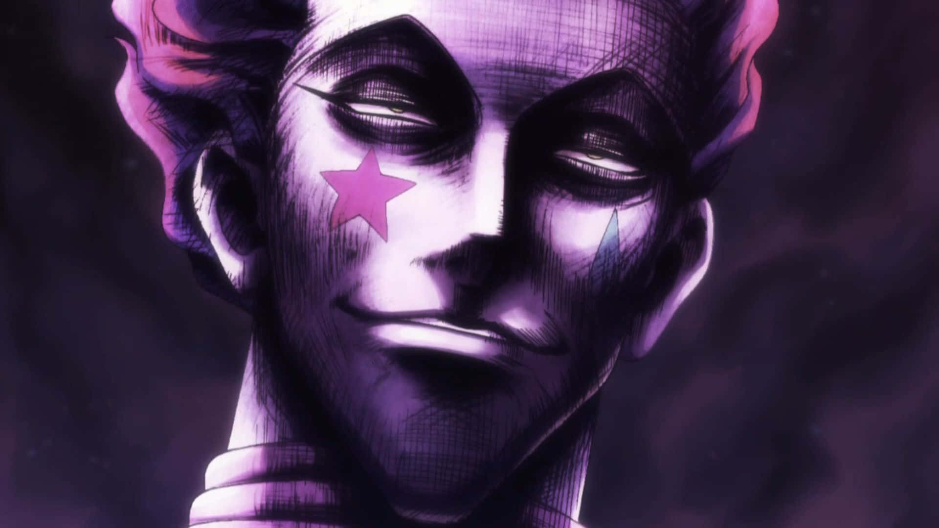 Hisoka Morow 桌布 壁紙 — 一個風格化的動漫角色，紫色頭髮，臉頰上有粉紅色星星，在深色背景上微笑。