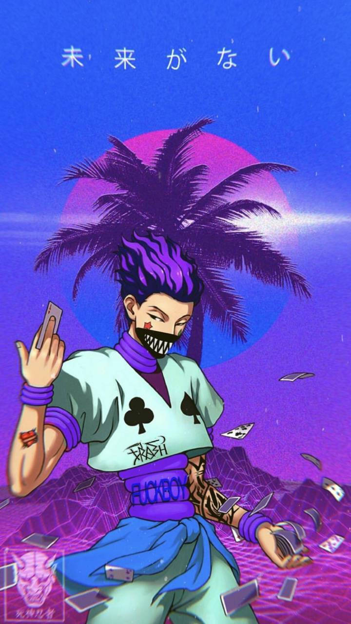 獵人 x 獵人 桌布 壁紙 — 一個風格化的動漫角色，紫色頭髮和棕櫚樹頭飾，站在漂浮的撲克牌中，背景是充滿活力的紫色日落天空。
