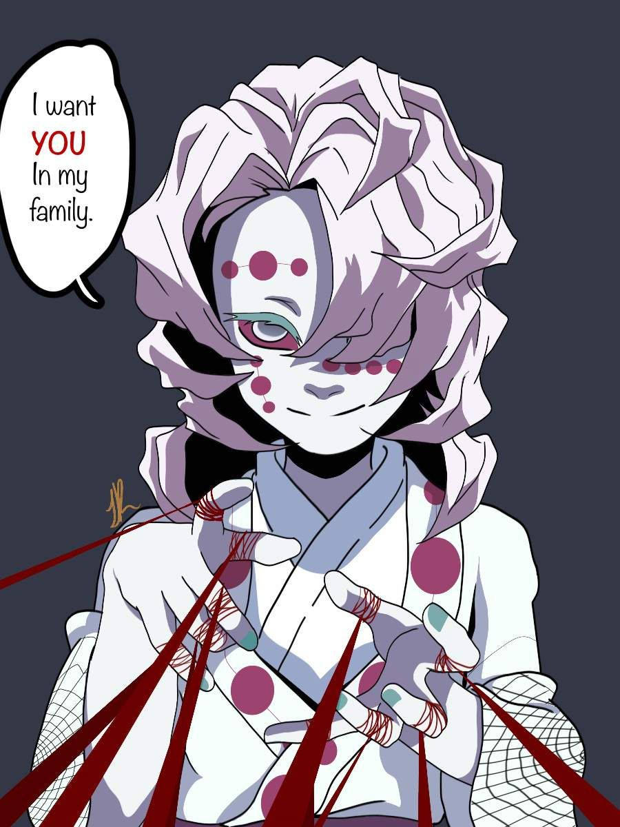 Rui 桌布 壁紙 — 一個風格化的動漫角色，紫色頭髮和紅色圓點，拿著紅線說「我想要你加入我的家庭。」