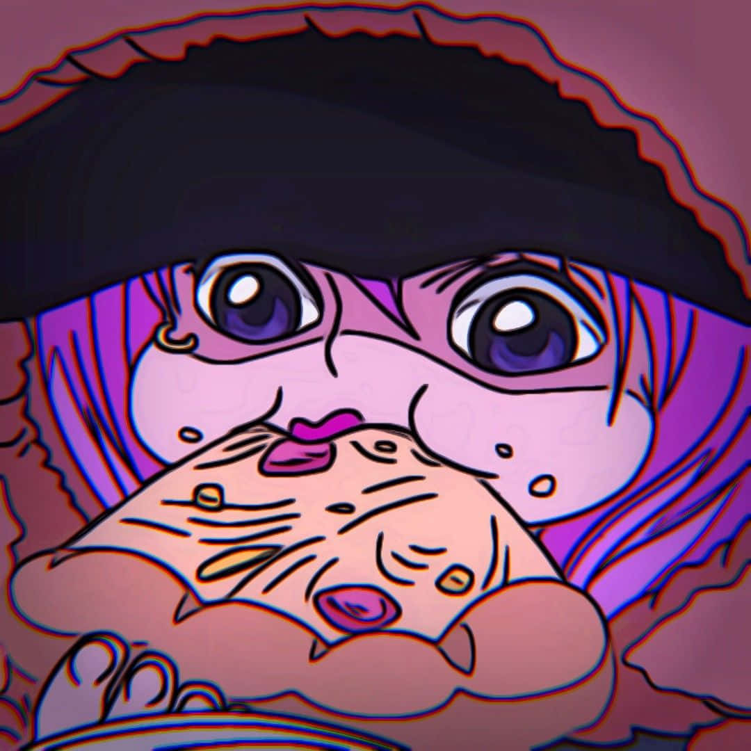 Jewelry Bonney 桌布 壁紙 — 一個風格化的動漫角色，紫色頭髮和大眼睛，從深色連帽衫後面探出頭來，拿著一塊有臉的餅乾。