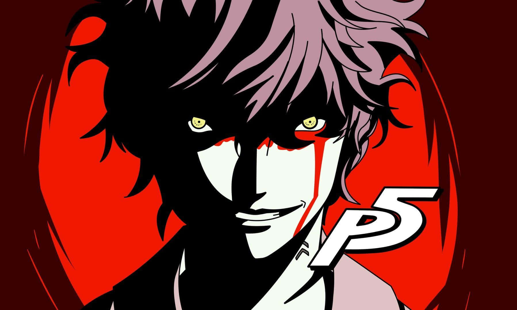 Persona 5 桌布 壁紙 — 一個風格化的動漫角色，紫色頭髮和黃色眼睛，在鮮紅色的背景上微笑，帶有 'P5' 標誌。
