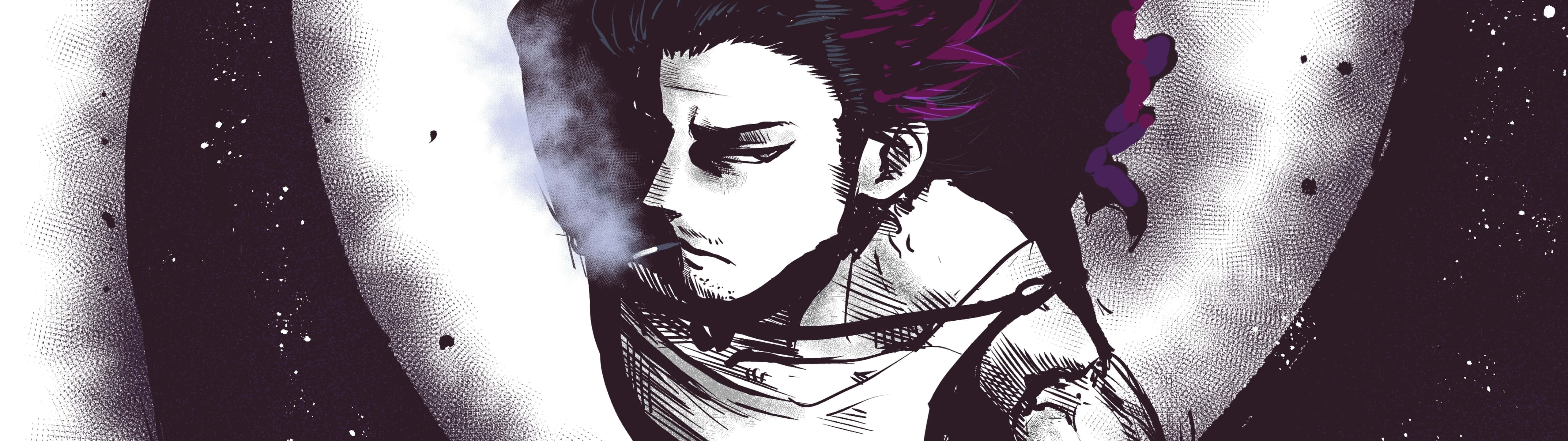 Anime Character 桌布 壁紙 — 一個風格化的動漫角色，紫色頭髮和煙霧在他們的臉周圍旋轉，形成一幅戲劇性的黑白插圖。
