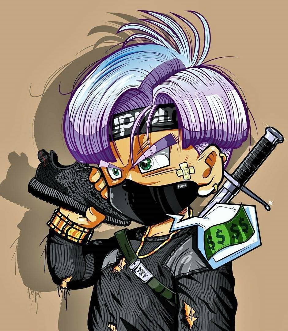 火影忍者 桌布 壁紙 — 一個風格化的動漫角色，紫色頭髮和面具，拿著運動鞋和金錢，同時揮舞著劍。