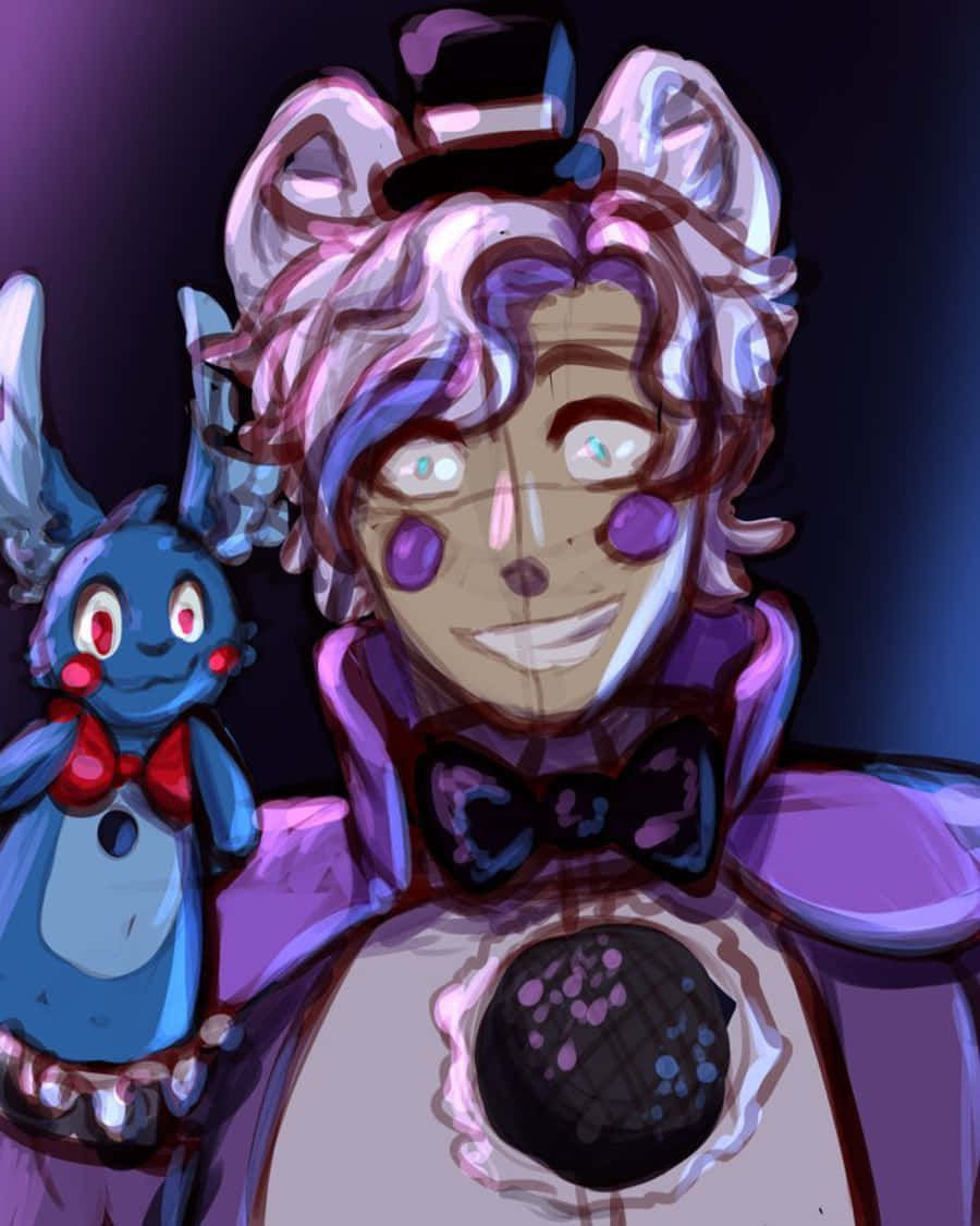 Funtime Freddy 桌布 壁紙 — 一個風格化的動漫角色，紫色頭髮戴著高頂帽，站在一個藍色生物旁邊，該生物有紅色眼睛和蝴蝶結領結。