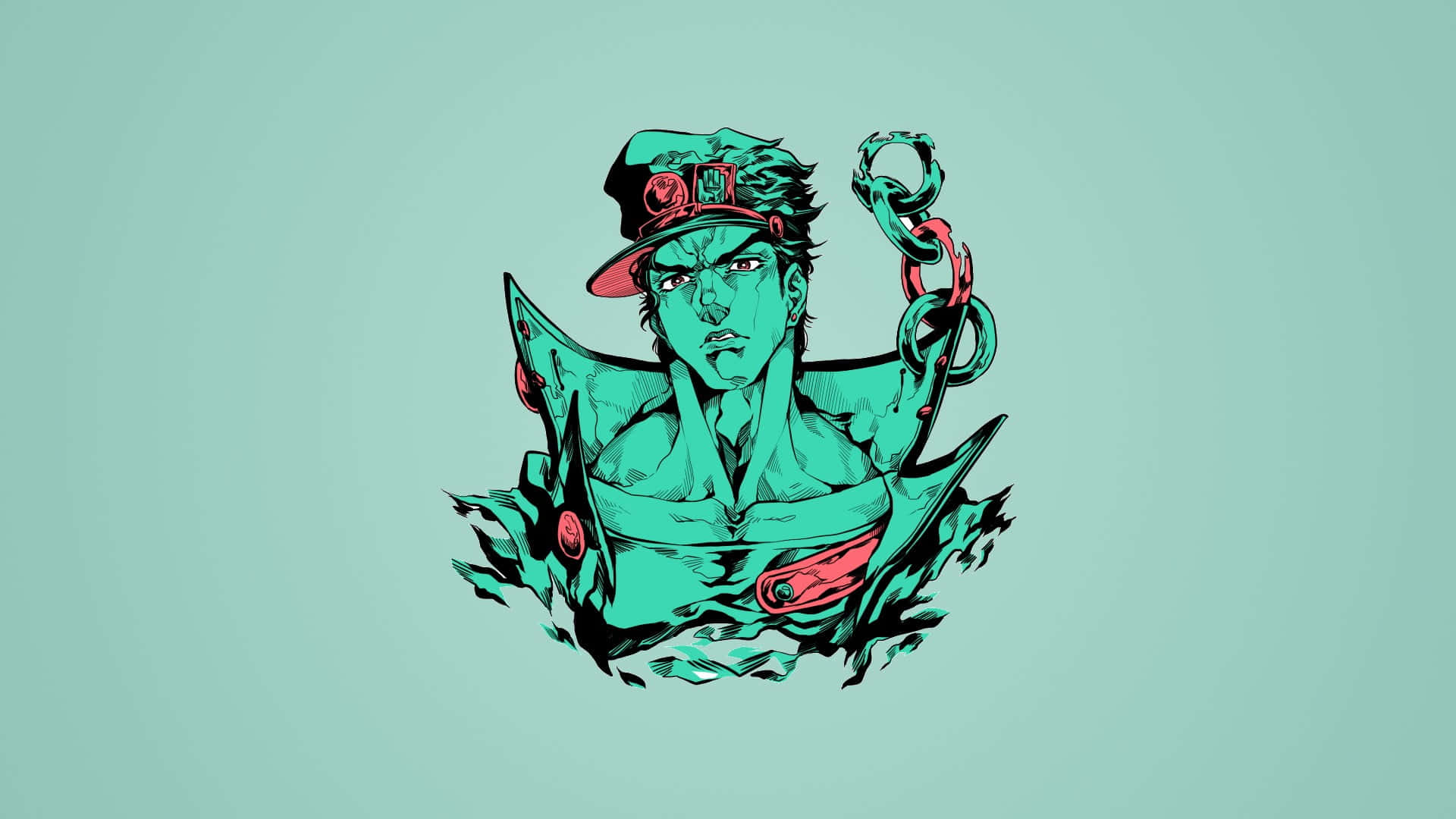 Jotaro Kujo 桌布 壁紙 — 一個風格化的動漫角色，綠色皮膚帶有紅色點綴，手持鎖鏈衝破藍綠色背景。