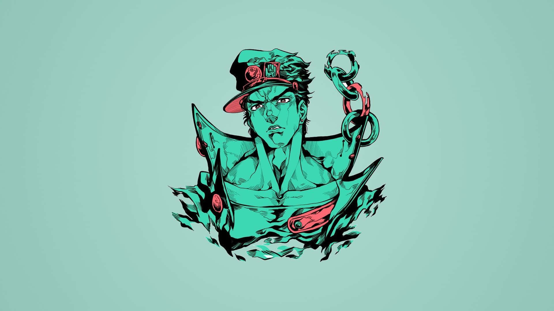 Jotaro 桌布 壁紙 — 一個風格化的動漫角色，綠色皮膚配紅色點綴，手持鎖鏈衝破藍綠色背景。