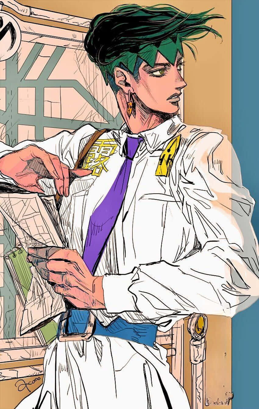 Rohan Kishibe 桌布 壁紙 — 一個風格化的動漫角色，綠色頭髮和紫色領帶，以動態姿勢拿著報紙。