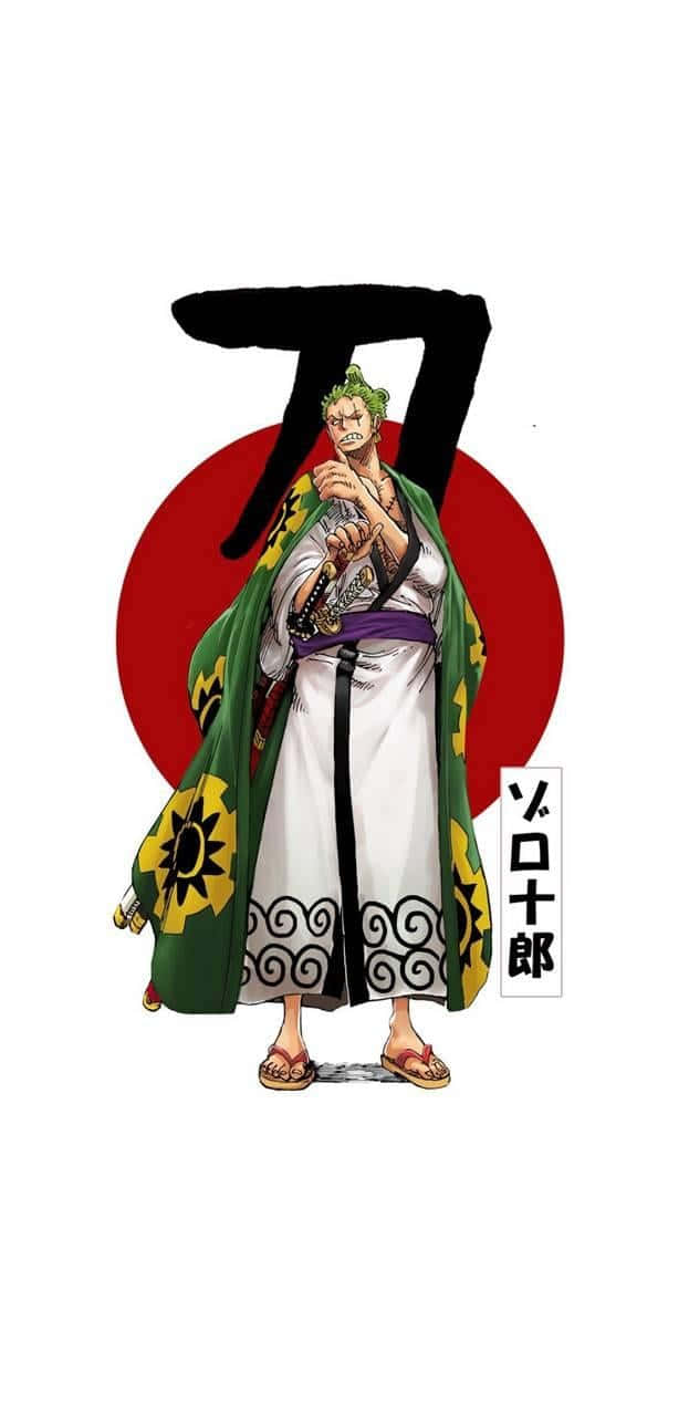 索隆 桌布 壁紙 — 一個風格化的動漫角色，綠色頭髮和綠色外套，自信地站在紅色圓圈和黑色漢字前。