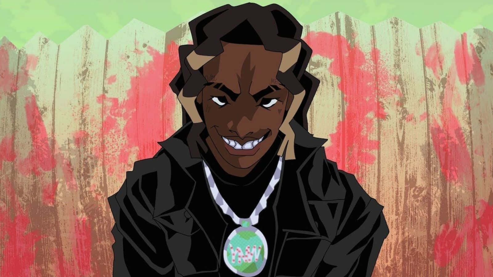 Ynw Melly Cartoon 桌布 壁紙 — 一個風格化的動漫角色，編著辮子，露出大膽的笑容，站在一個被紅色油漆濺到的風化木柵欄前。