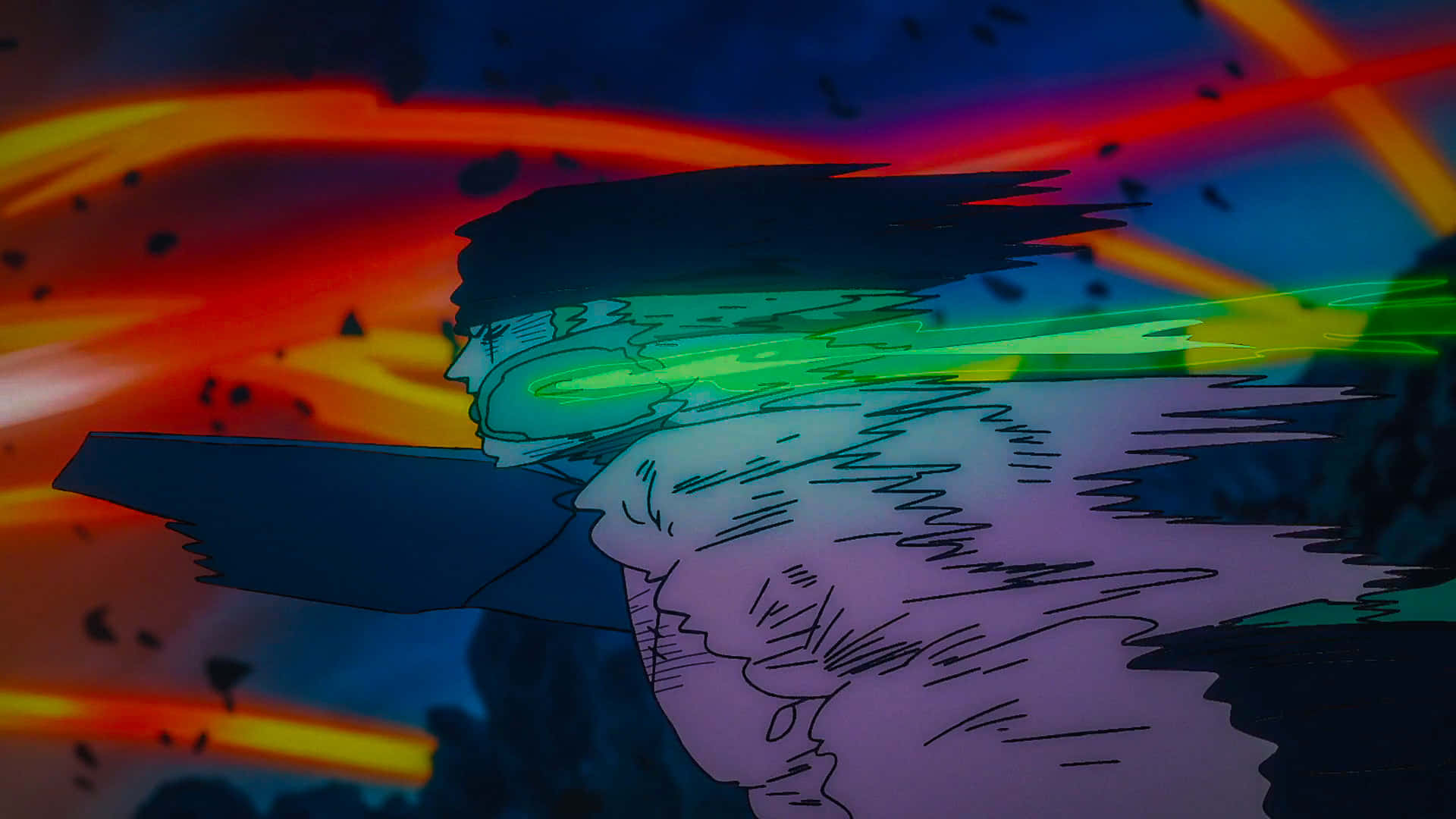 zoro wallpaper 壁紙 — 一個風格化的動漫角色，臉上帶有發光的綠色能量條紋，背景是充滿活力的火焰和宇宙。