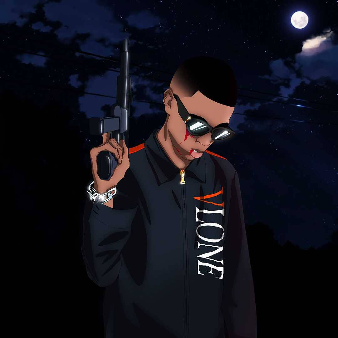 Vlone 桌布 壁紙 — 一個風格化的動漫角色，臉上帶血，戴著太陽眼鏡，在月光下的夜空下持槍。