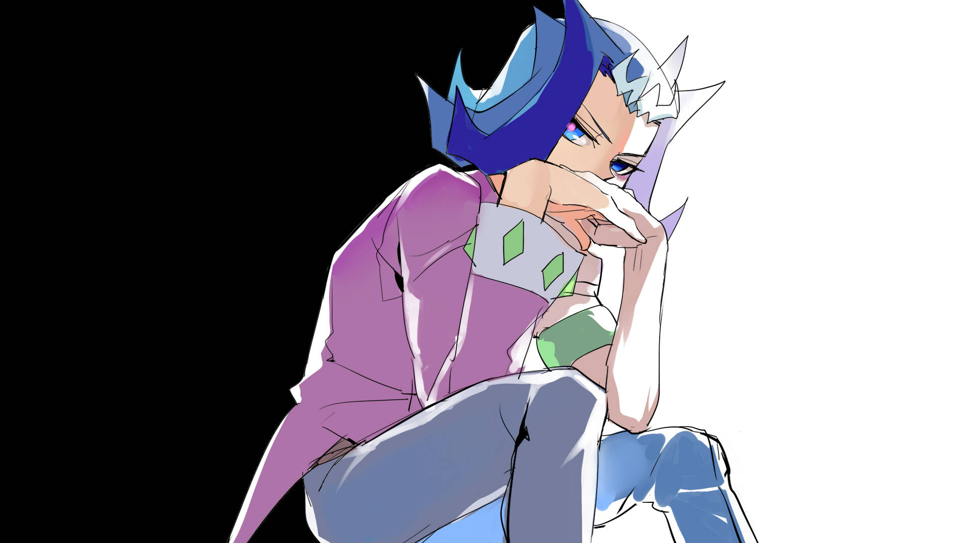 Yugioh 桌布 壁紙 — 一個風格化的動漫角色，藍色尖刺頭髮，坐在鮮明的黑白背景前沉思。
