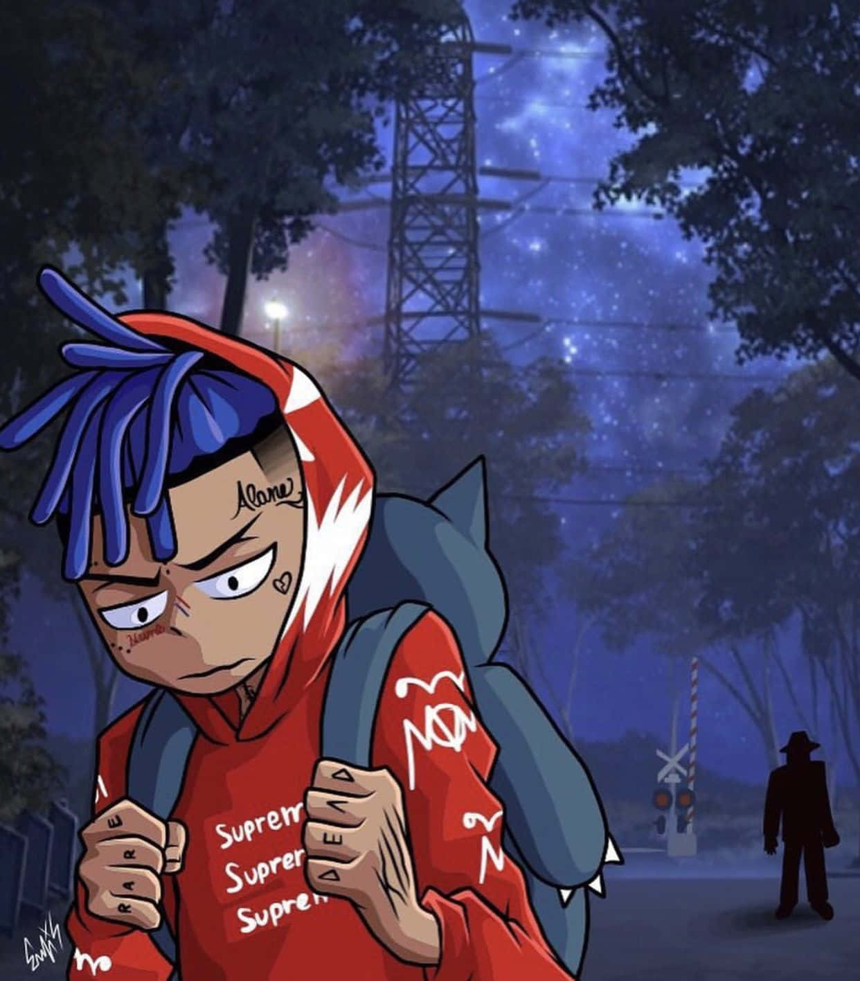 Anime Rapper 桌布 壁紙 — 一個風格化的動漫角色，藍色辮子頭和紅色連帽衫，在星空下靠近鐵路平交道挑釁地站立。