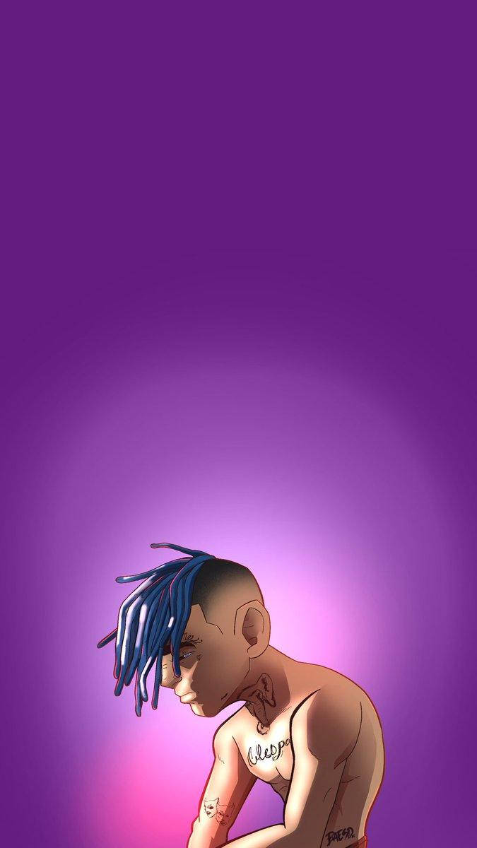 Xxxtentacion Cartoon 桌布 壁紙 — 一個風格化的動漫角色，藍色辮子頭和紋身，側面坐在紫色漸變背景前。