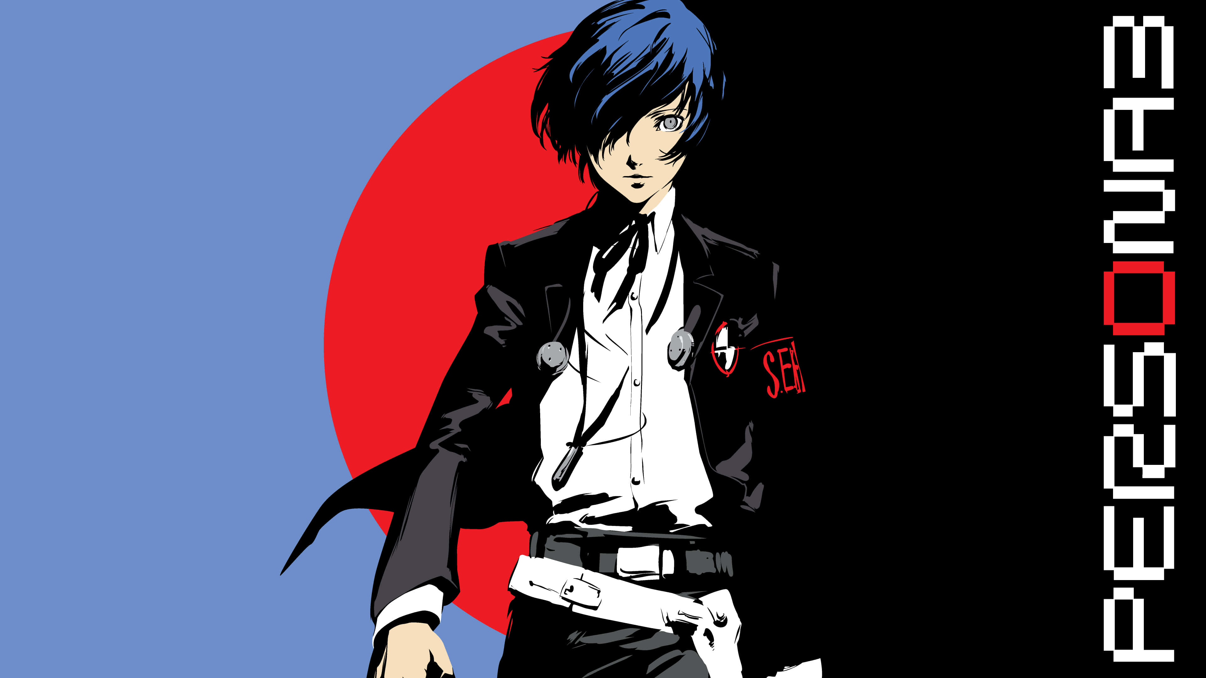 Anime Character 桌布 壁紙 — 一個風格化的動漫角色，藍色頭髮，黑色西裝，站在紅色太陽前，背景為藍色和黑色。