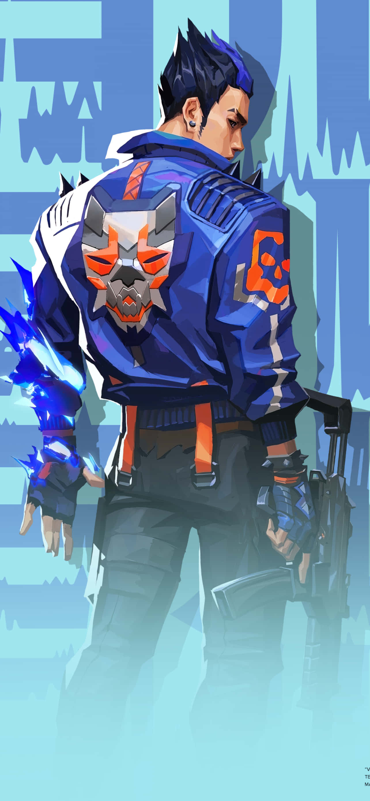 game 桌布 壁紙 — 一個風格化的動漫角色，藍色頭髮，手臂上發出藍色光芒的能量，站在未來主義的城市景觀中。