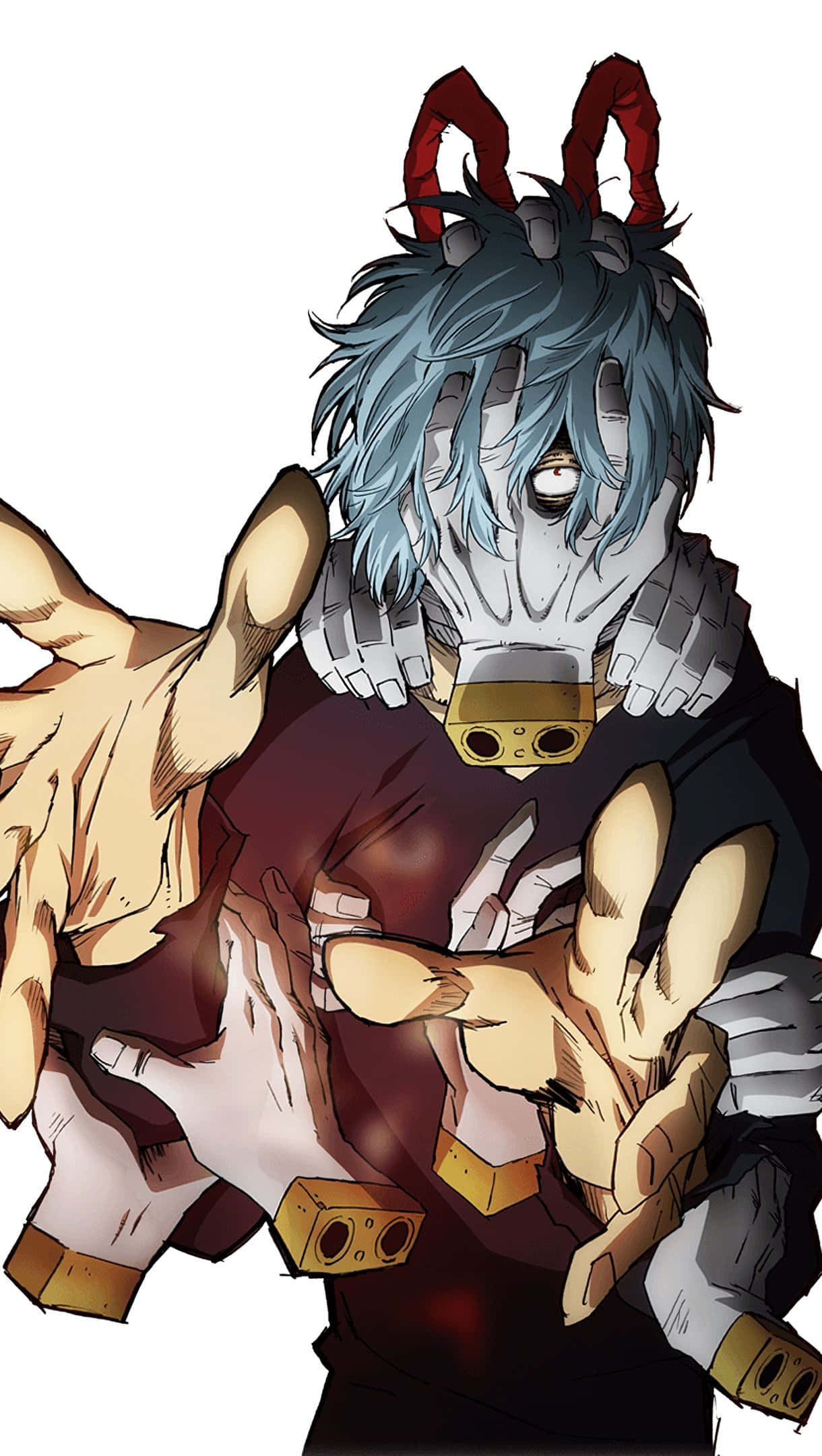 Tomura Shigaraki 桌布 壁紙 — 一個風格化的動漫角色，藍色頭髮、紅色角和防毒面具，在白色背景前向前伸出手。
