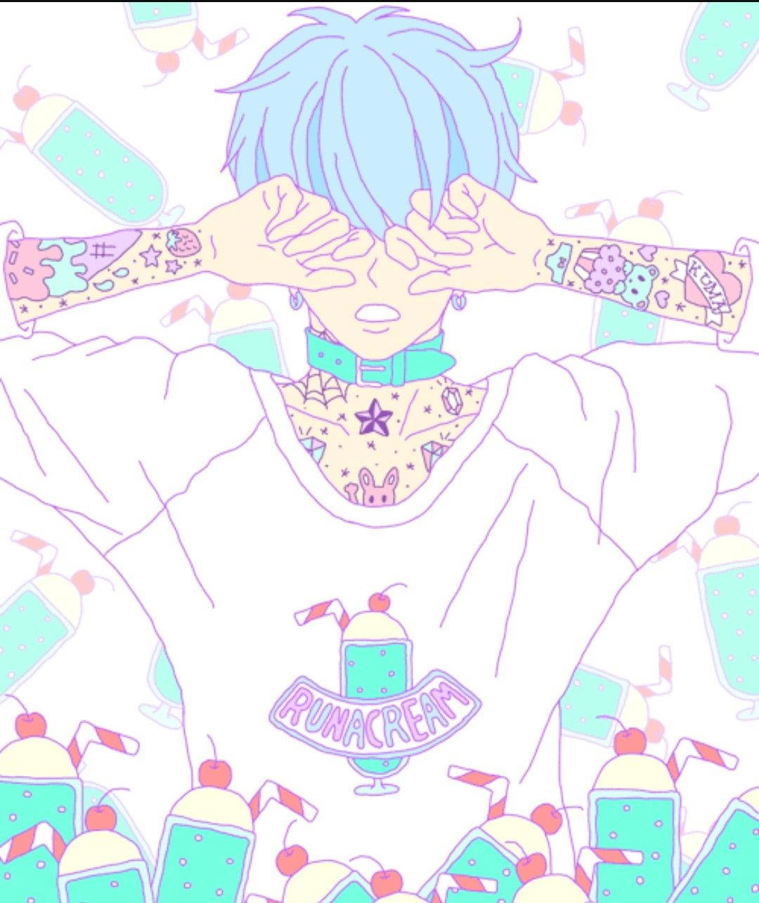 Aesthetic Anime Boy 桌布 壁紙 — 一個風格化的動漫角色，藍色頭髮，用有刺青的手臂遮住眼睛，周圍環繞著漂浮的奶昔圖標。