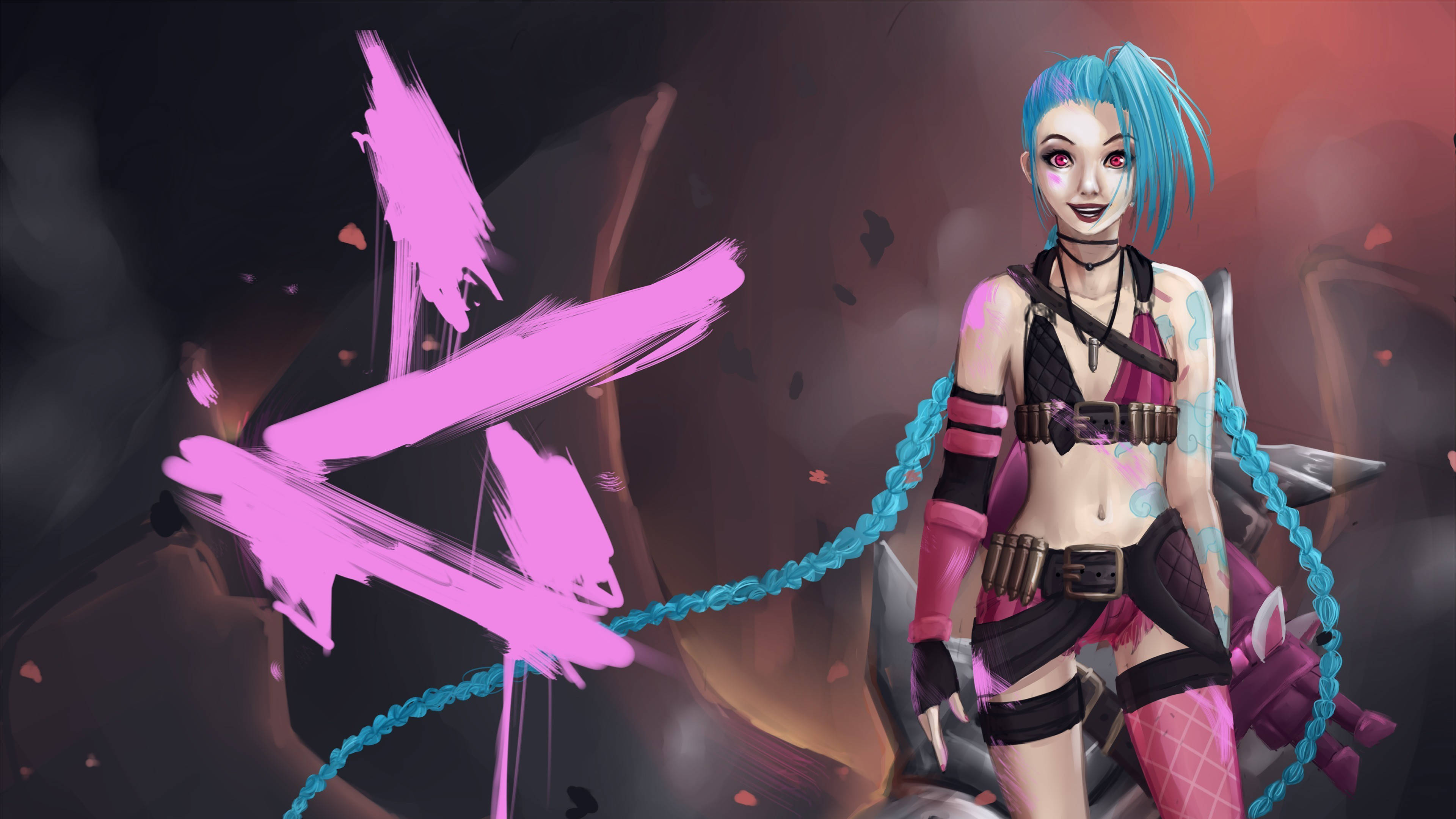 Jinx 桌布 壁紙 — 一個風格化的動漫角色，藍色頭髮和粉紅色點綴，自信地站在黑暗背景前，背景是充滿活力的筆觸藝術。