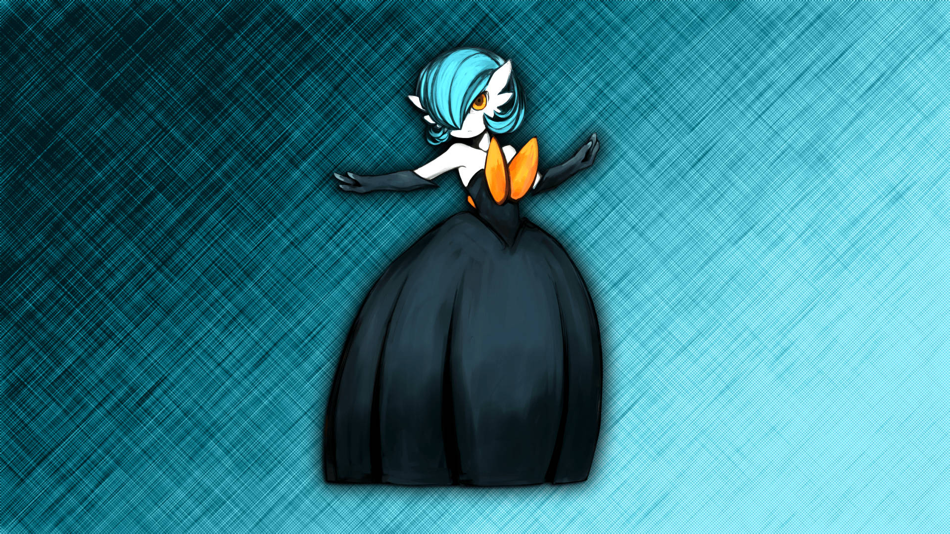 Gardevoir 桌布 壁紙 — 一個風格化的動漫角色，藍色頭髮和黑色連衣裙，站在有紋理的青綠色背景前。