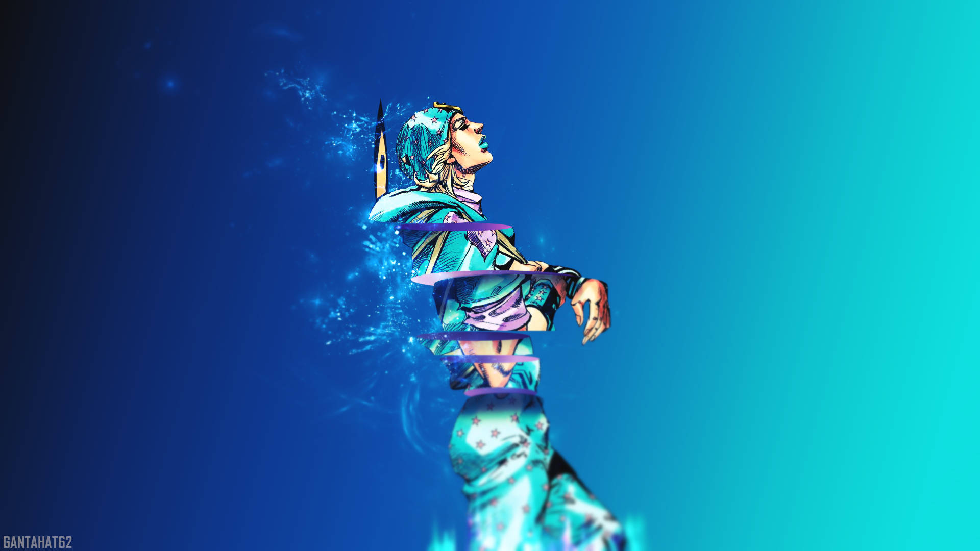 Johnny Joestar 桌布 壁紙 — 一個風格化的動漫角色，藍色頭髮和發光的能量粒子，漂浮在漸變藍色背景上。