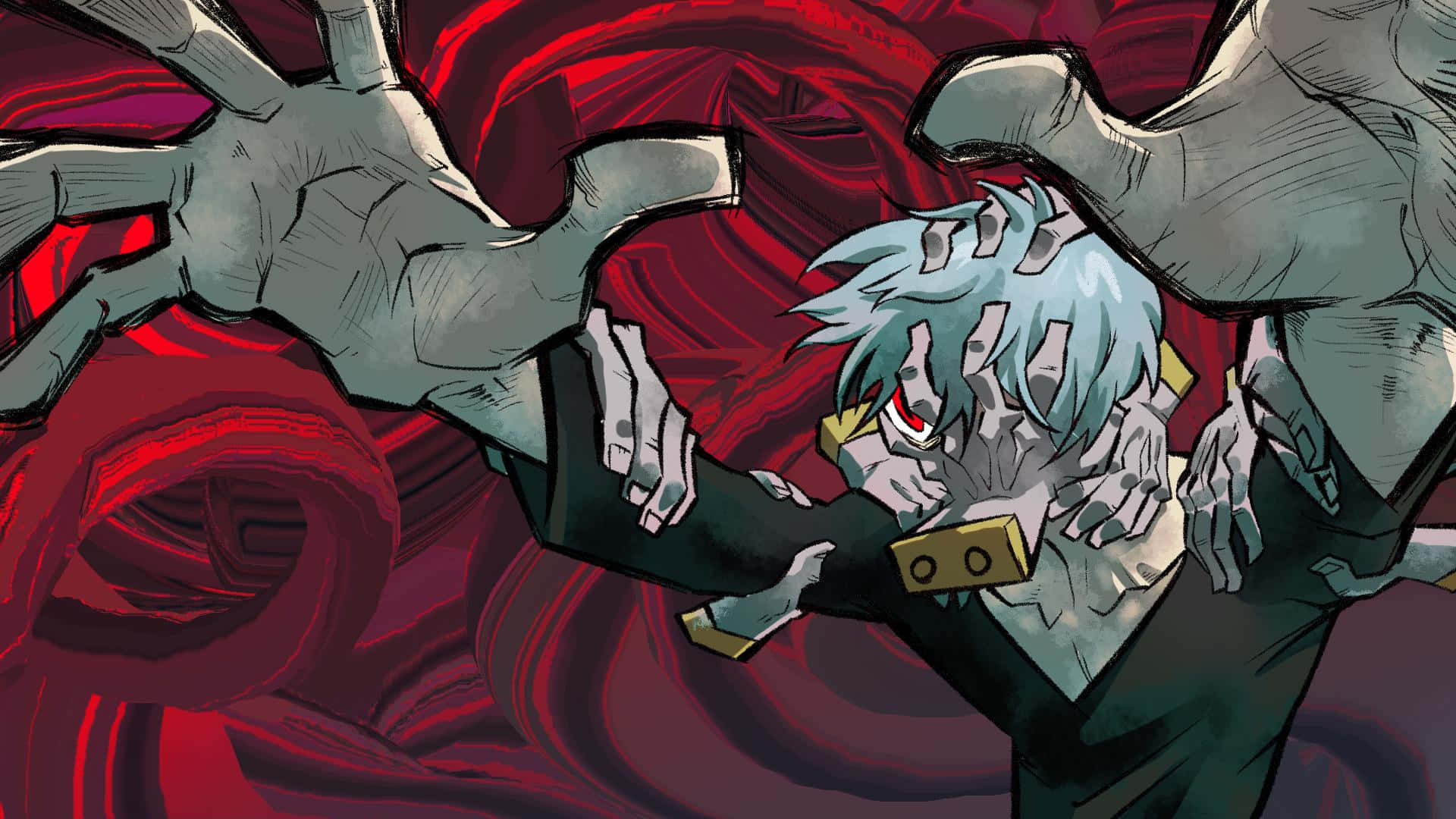 Tomura Shigaraki 桌布 壁紙 — 一個風格化的動漫角色，藍色頭髮和紅色眼睛，在旋轉的紅色背景中與巨大的骷髏手進行激烈的鬥爭。