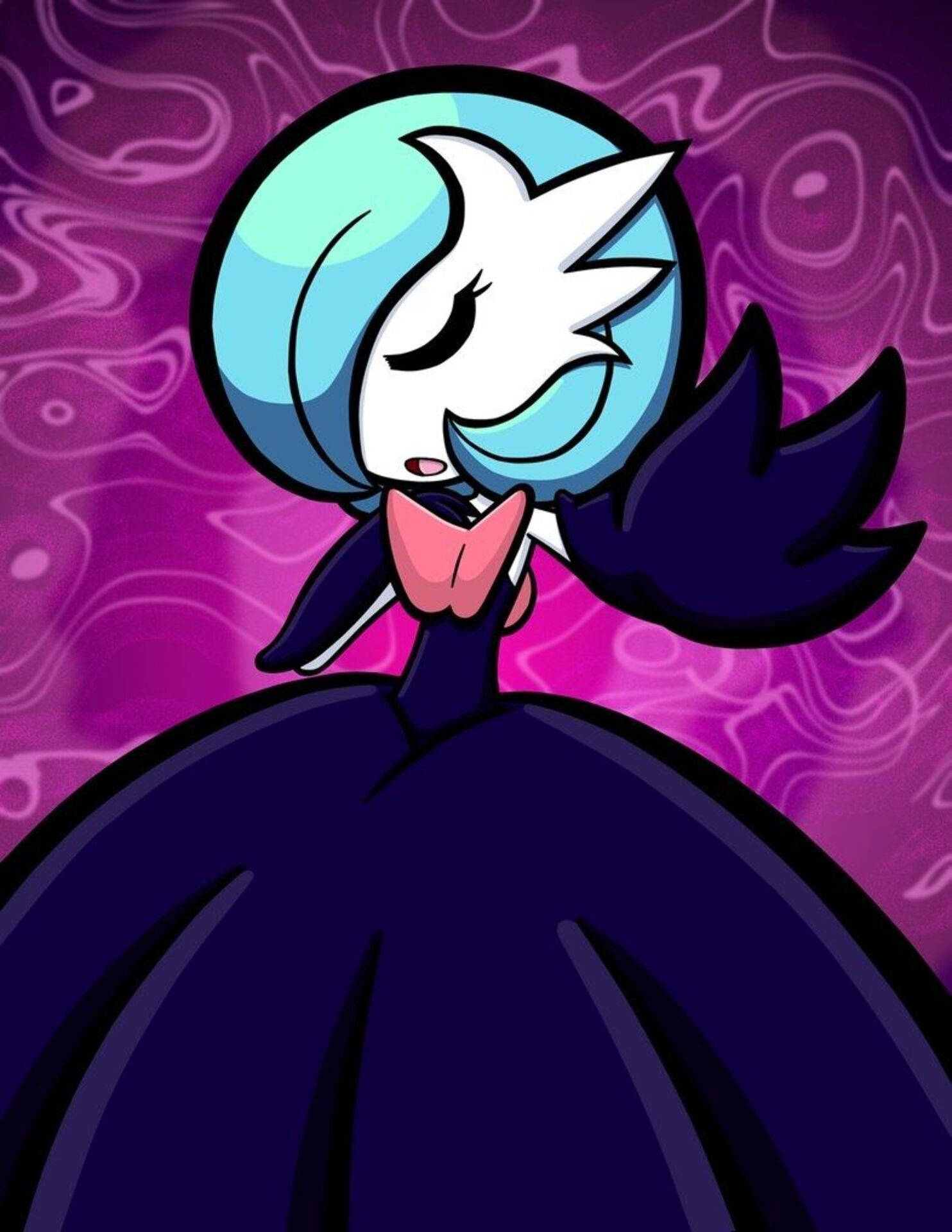 Gardevoir 桌布 壁紙 — 一個風格化的動漫角色，藍色頭髮和深色連衣裙，在旋轉的紫色背景前擺姿勢。