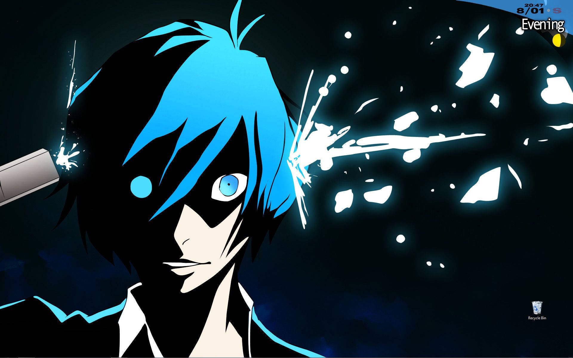 Persona 3 桌布 壁紙 — 一個風格化的動漫角色，藍色頭髮和眼睛，在黑暗背景下射出發光的白色能量碎片。